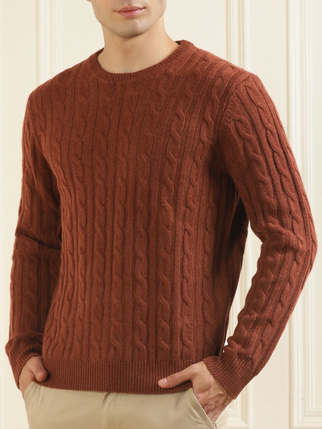 

HACKETT LONDON Round Neck Cable Knit Self Design Wool Pullover, Brown