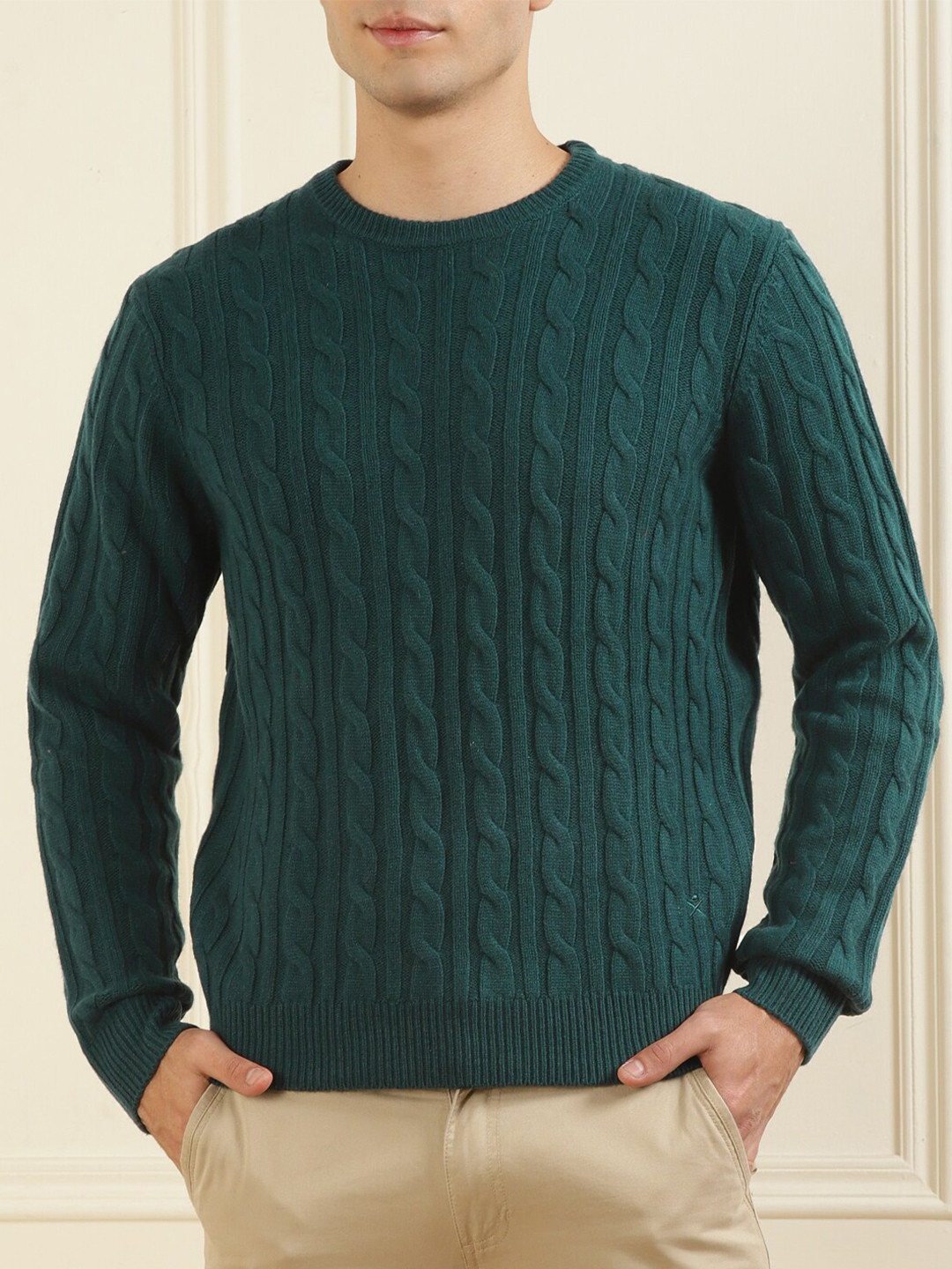 

HACKETT LONDON Round Neck Cable Knit Self Design Wool Pullover, Green