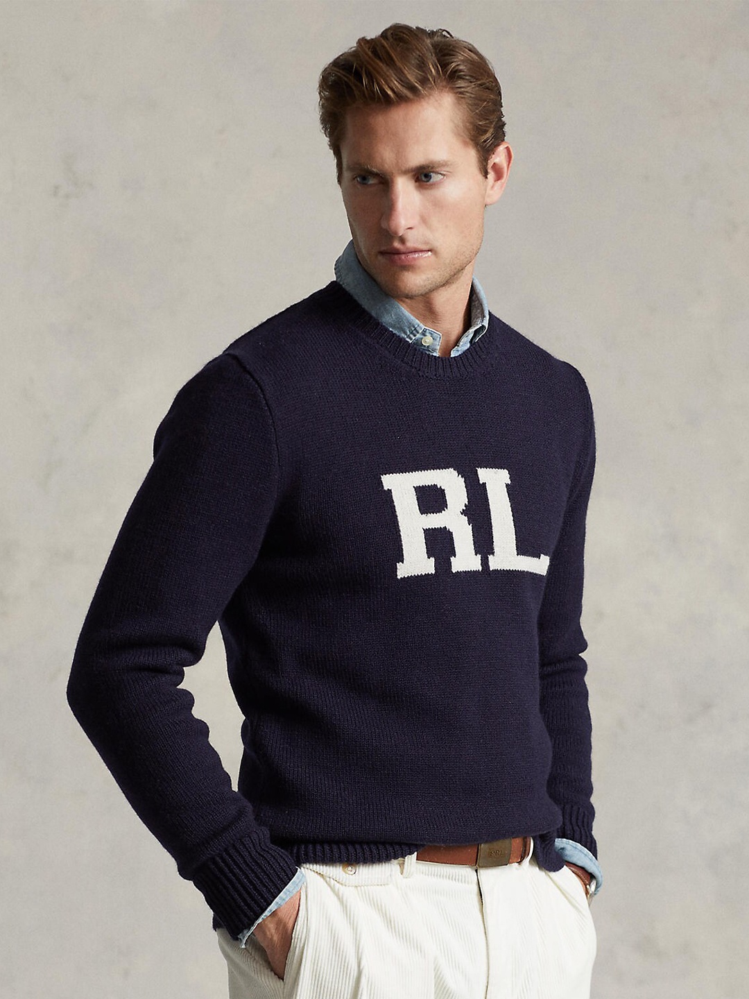 

Polo Ralph Lauren Round Neck Typography Printed Wool Sweater, Navy blue