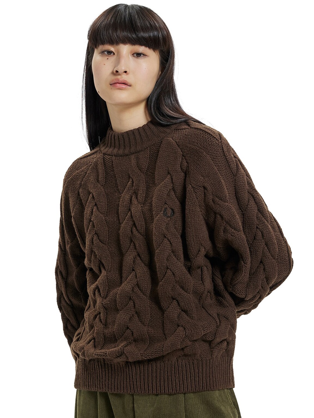 

Fred Perry Turtle Neck Cable Knit Self Design Wool Pullover, Brown