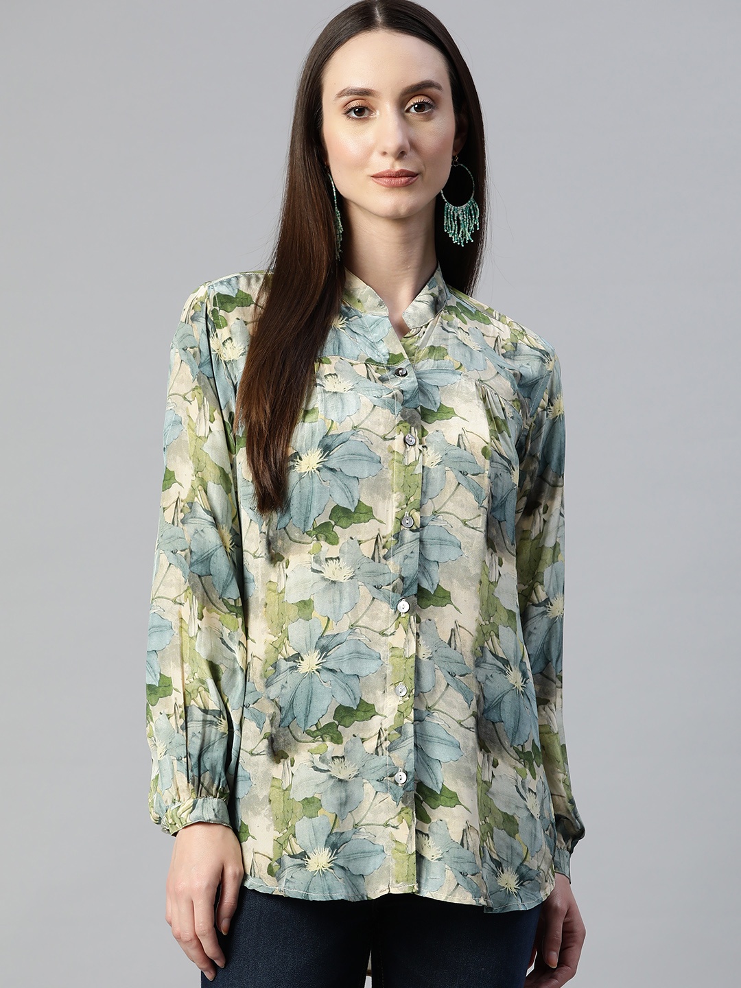 

Vasudha Women Classic Floral Printed Casual Shirt, Green