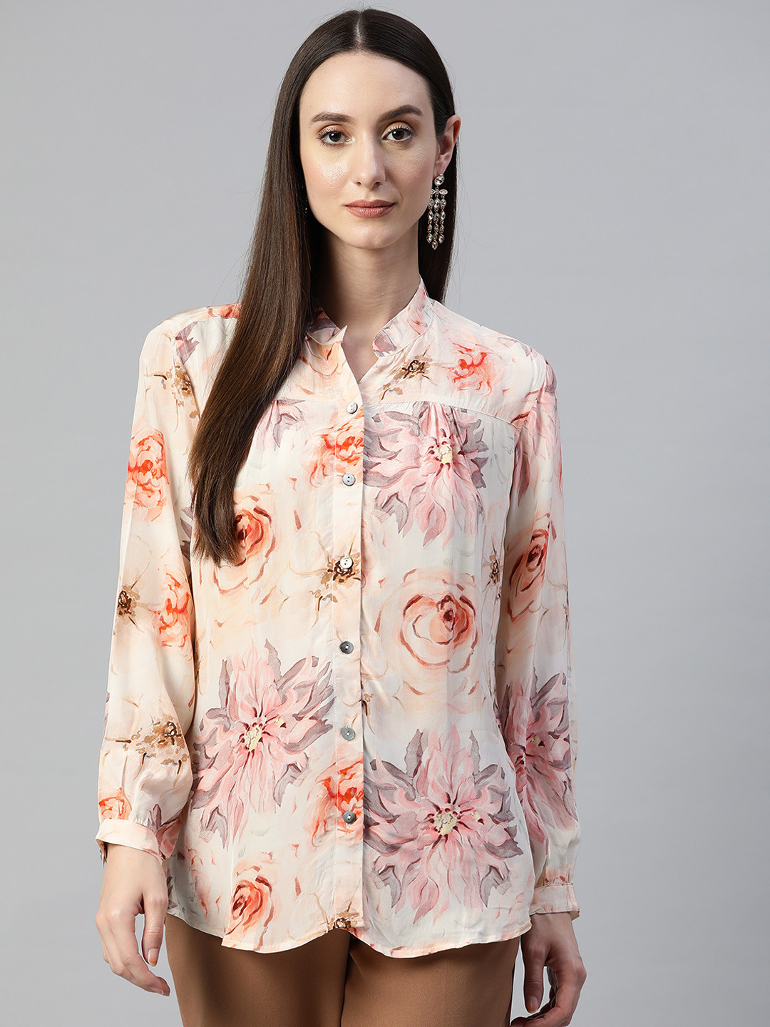 

Vasudha Women Classic Floral Printed Casual Shirt, Off white