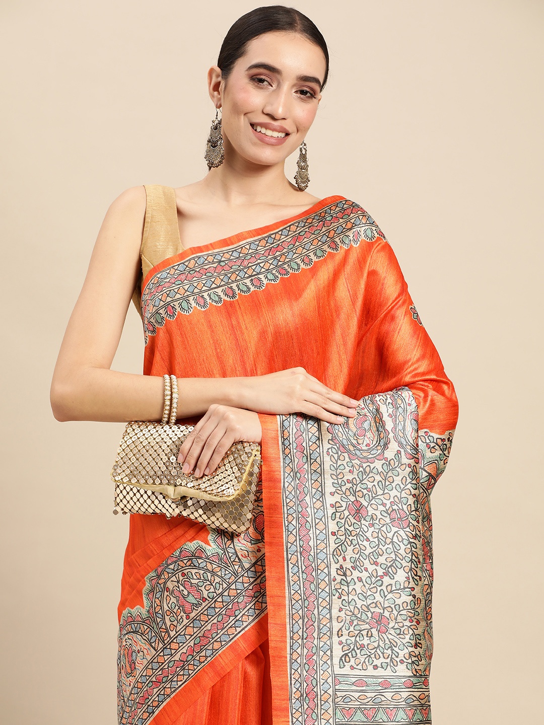 

Rani Saahiba Ethnic Motifs Art Tussar Silk Bhagalpuri Saree, Orange