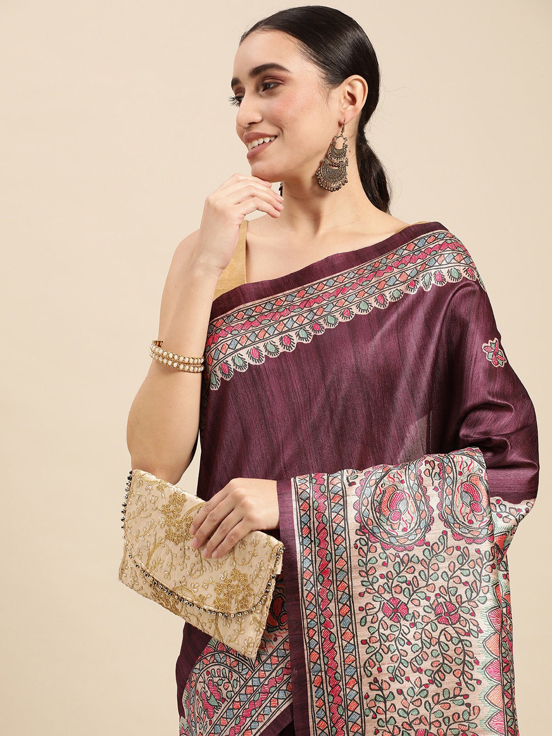 

Rani Saahiba Ethnic Motifs Art Tussar Silk Bhagalpuri Saree, Burgundy
