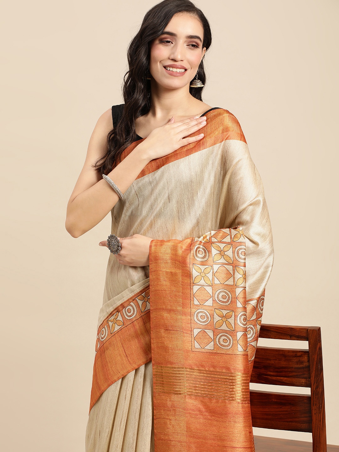 

Rani Saahiba Ethnic Motifs Art Tussar Silk Bhagalpuri Saree, Off white