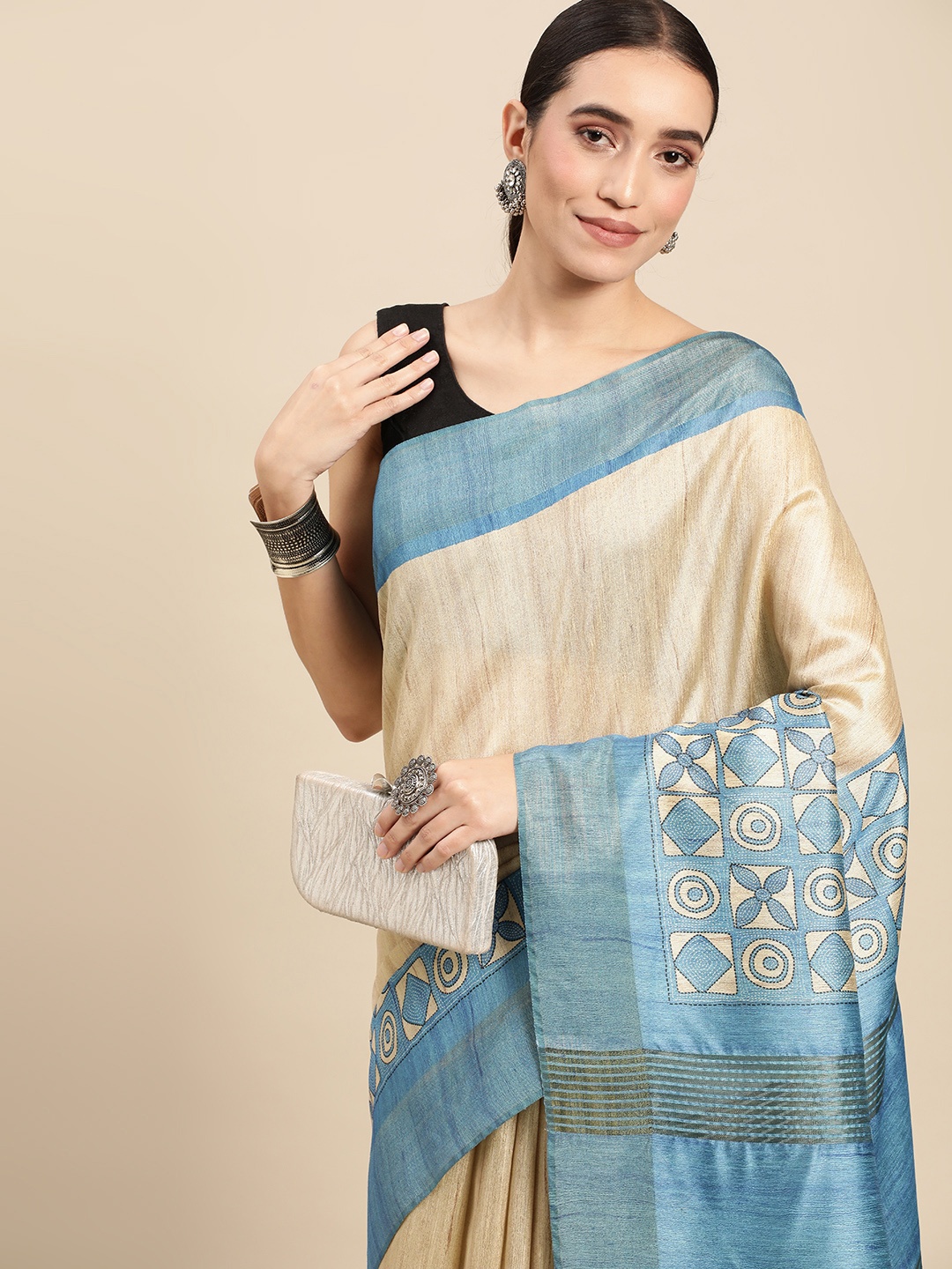 

Rani Saahiba Ethnic Motifs Art Tussar Silk Bhagalpuri Saree, Off white