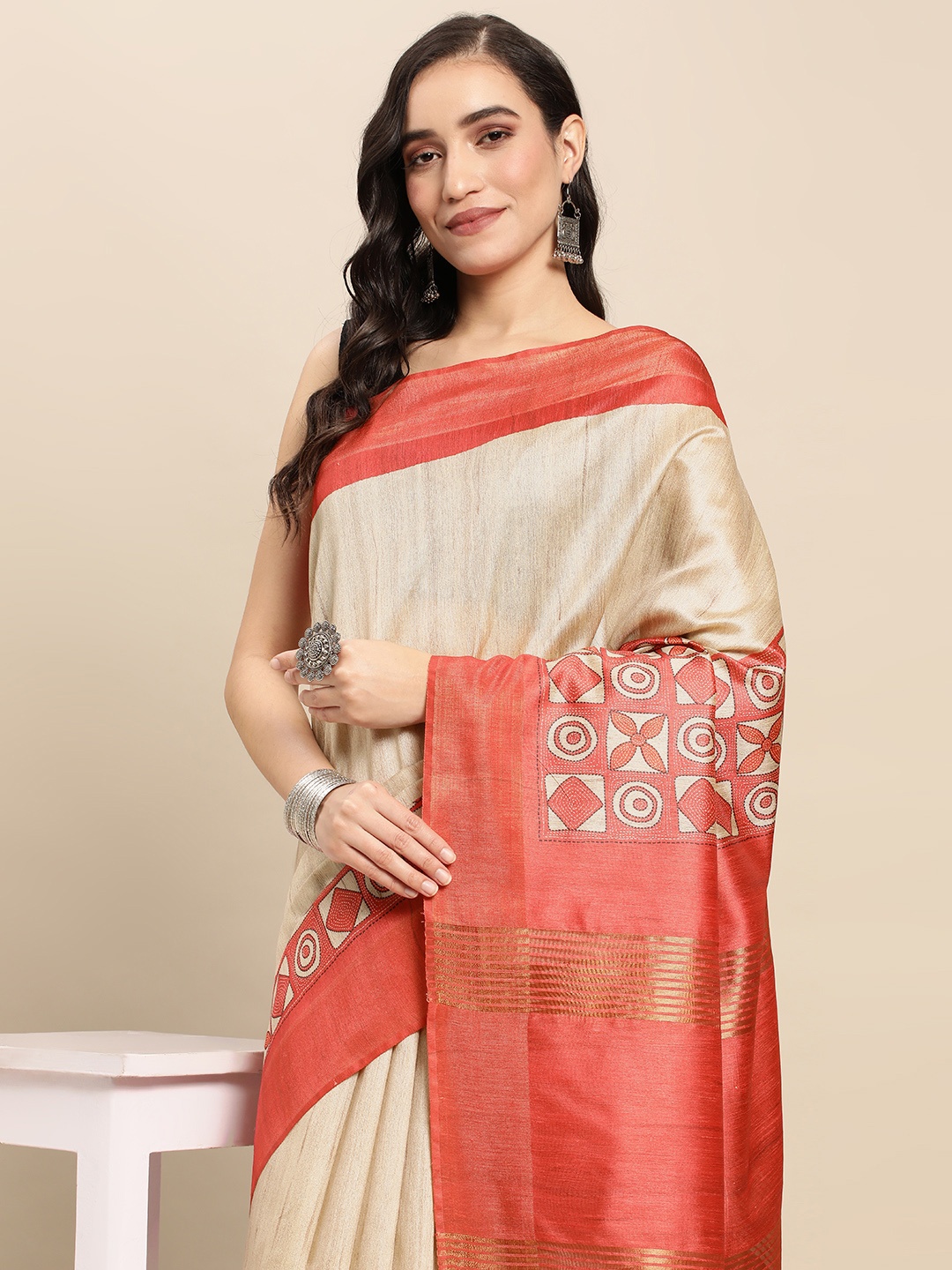 

Rani Saahiba Ethnic Motifs Art Tussar Silk Bhagalpuri Saree, Off white