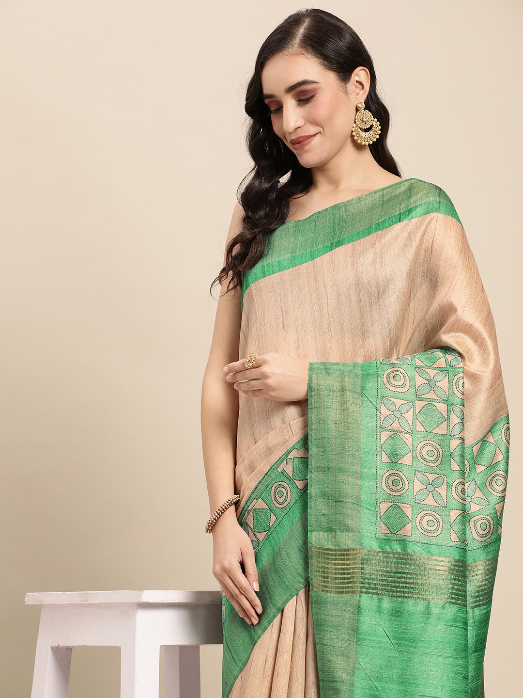 

Rani Saahiba Ethnic Motifs Art Tussar Silk Bhagalpuri Saree, Off white