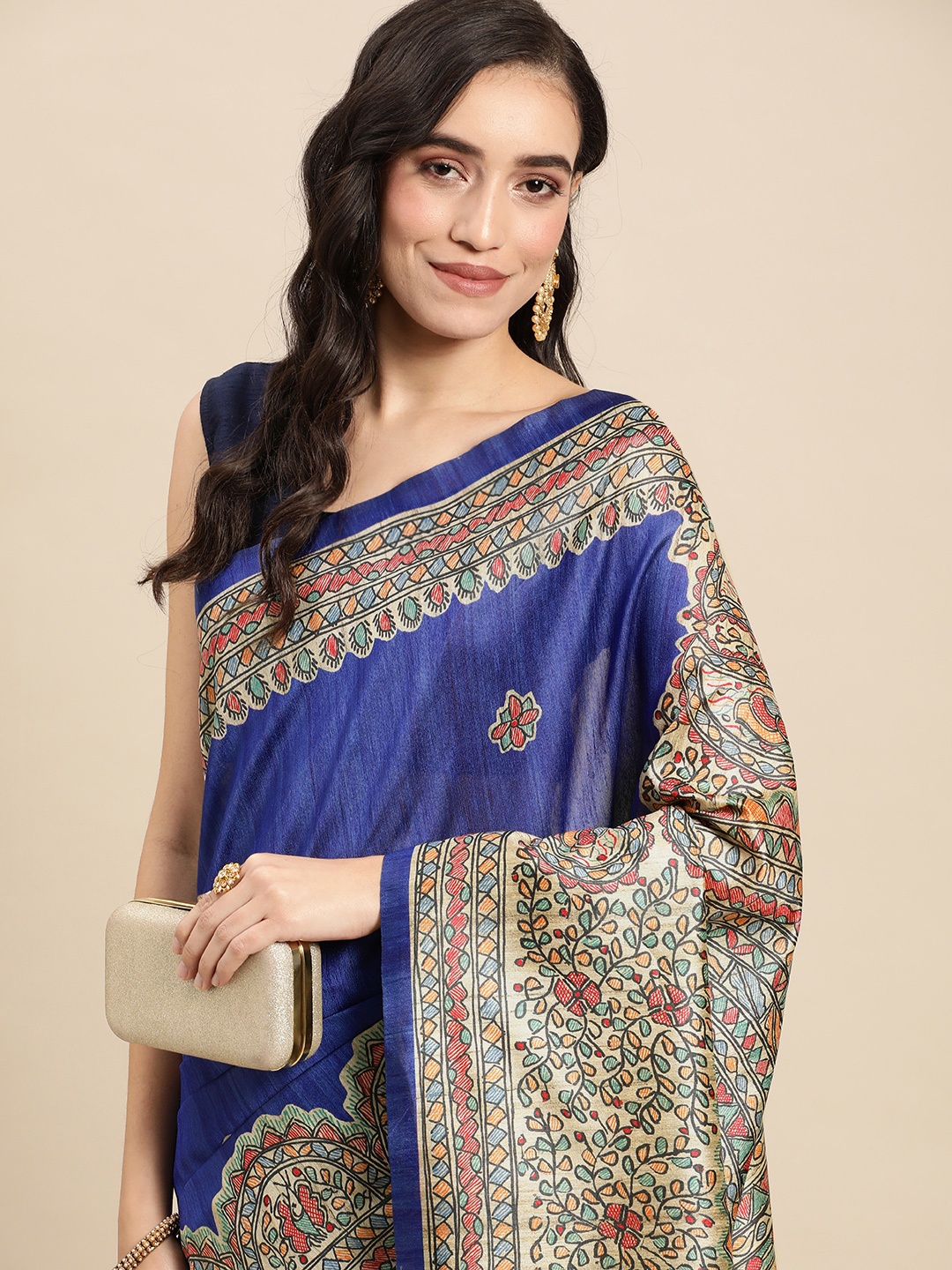 

Rani Saahiba Ethnic Motifs Art Tussar Silk Bhagalpuri Saree, Blue