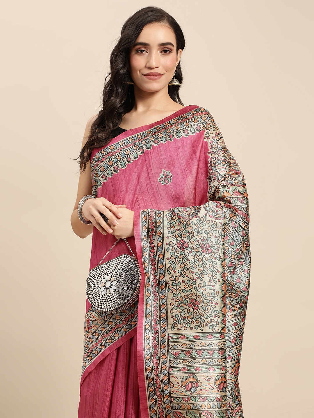 

Rani Saahiba Ethnic Motifs Art Tussar Silk Bhagalpuri Saree, Magenta