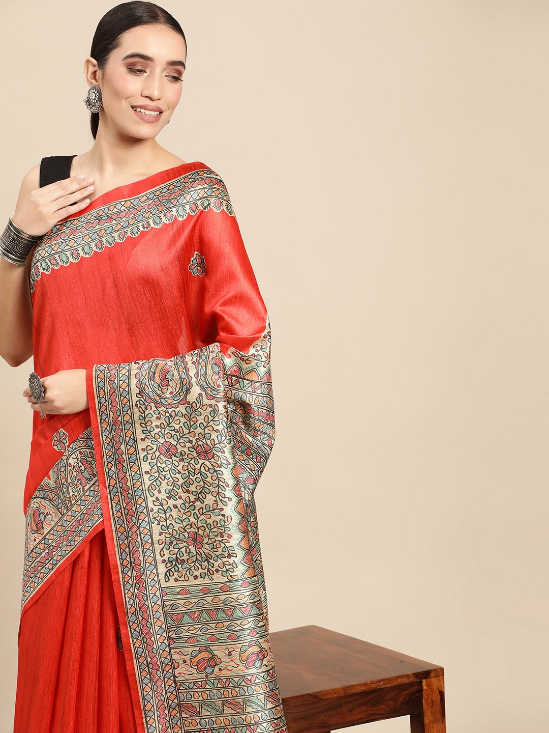 

Rani Saahiba Ethnic Motifs Art Tussar Silk Bhagalpuri Saree, Red