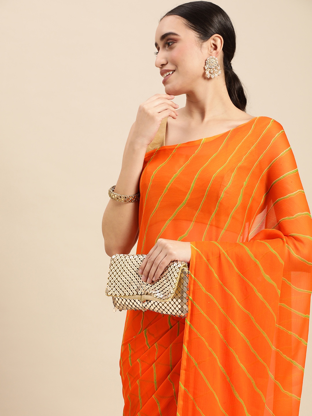 

Rani Saahiba Orange & Yellow Leheriya Saree