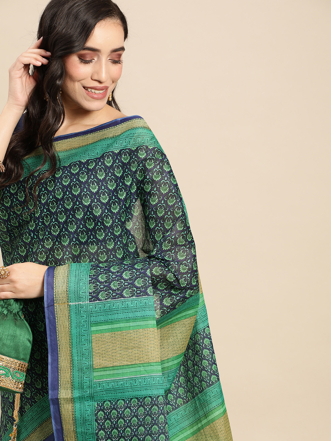 

Rani Saahiba Floral Pure Cotton Block Print Saree, Blue