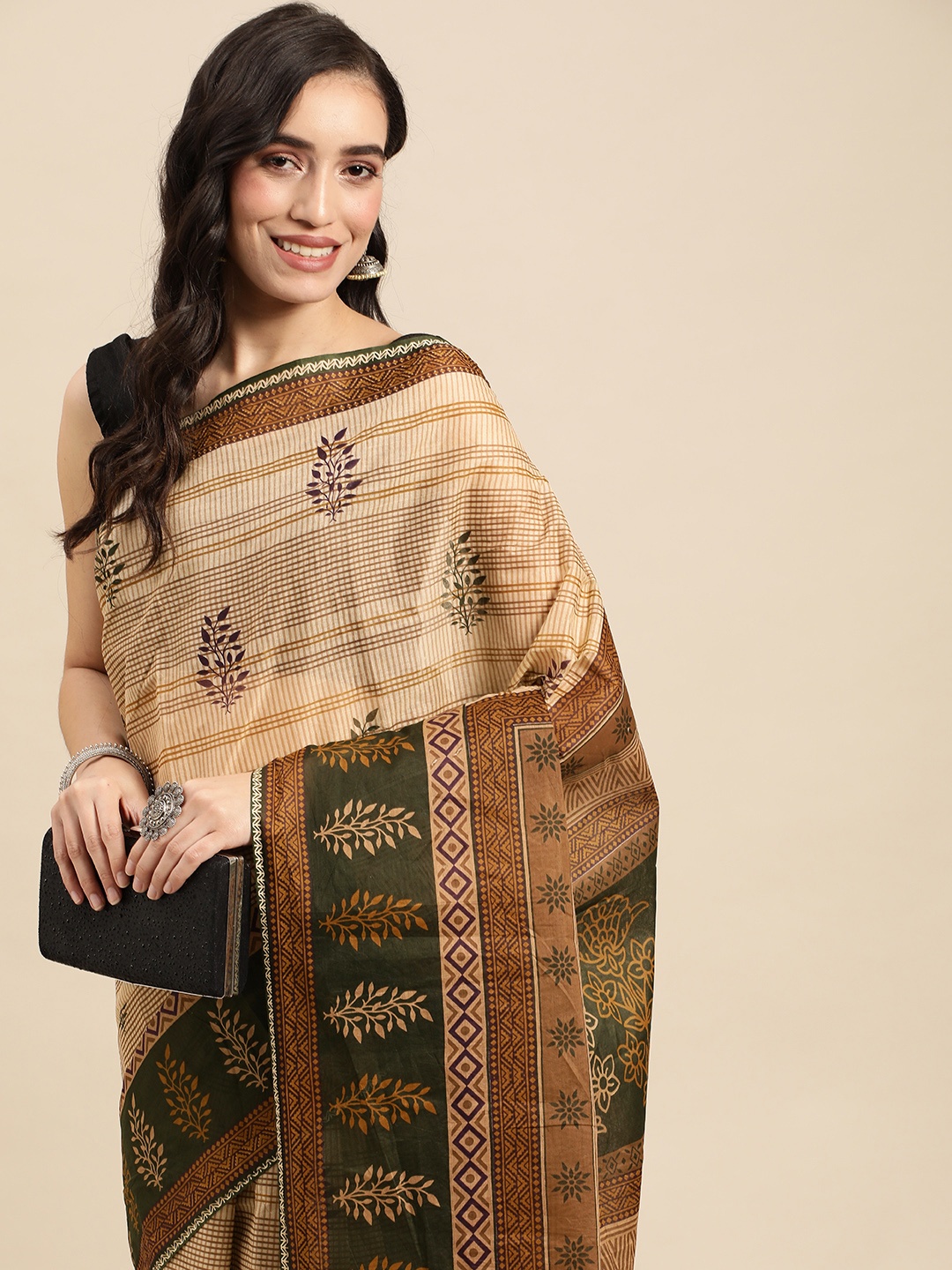 

Rani Saahiba Floral Pure Cotton Block Print Saree, Beige