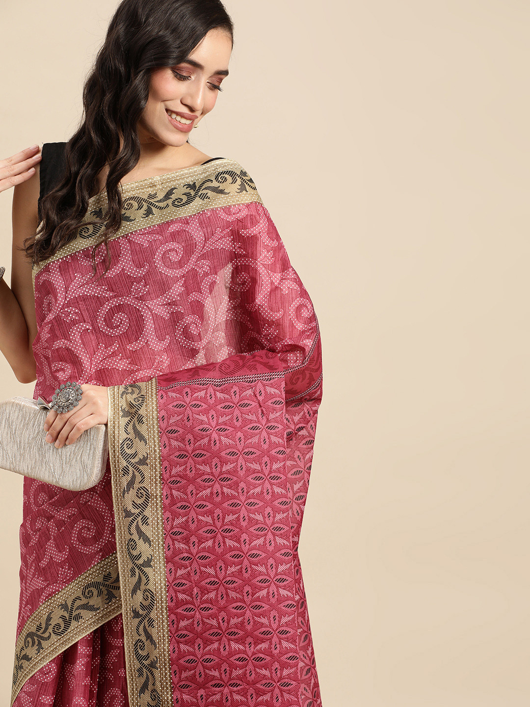 

Rani Saahiba Floral Pure Cotton Block Print Saree, Pink