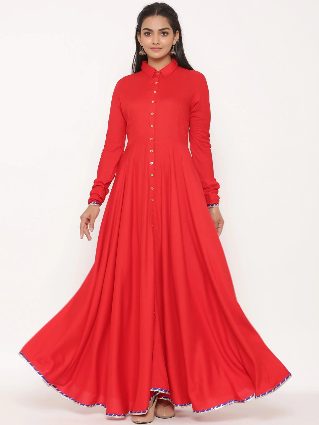 

fabGLOBAL Mandarin collar flared Maxi Dress, Red
