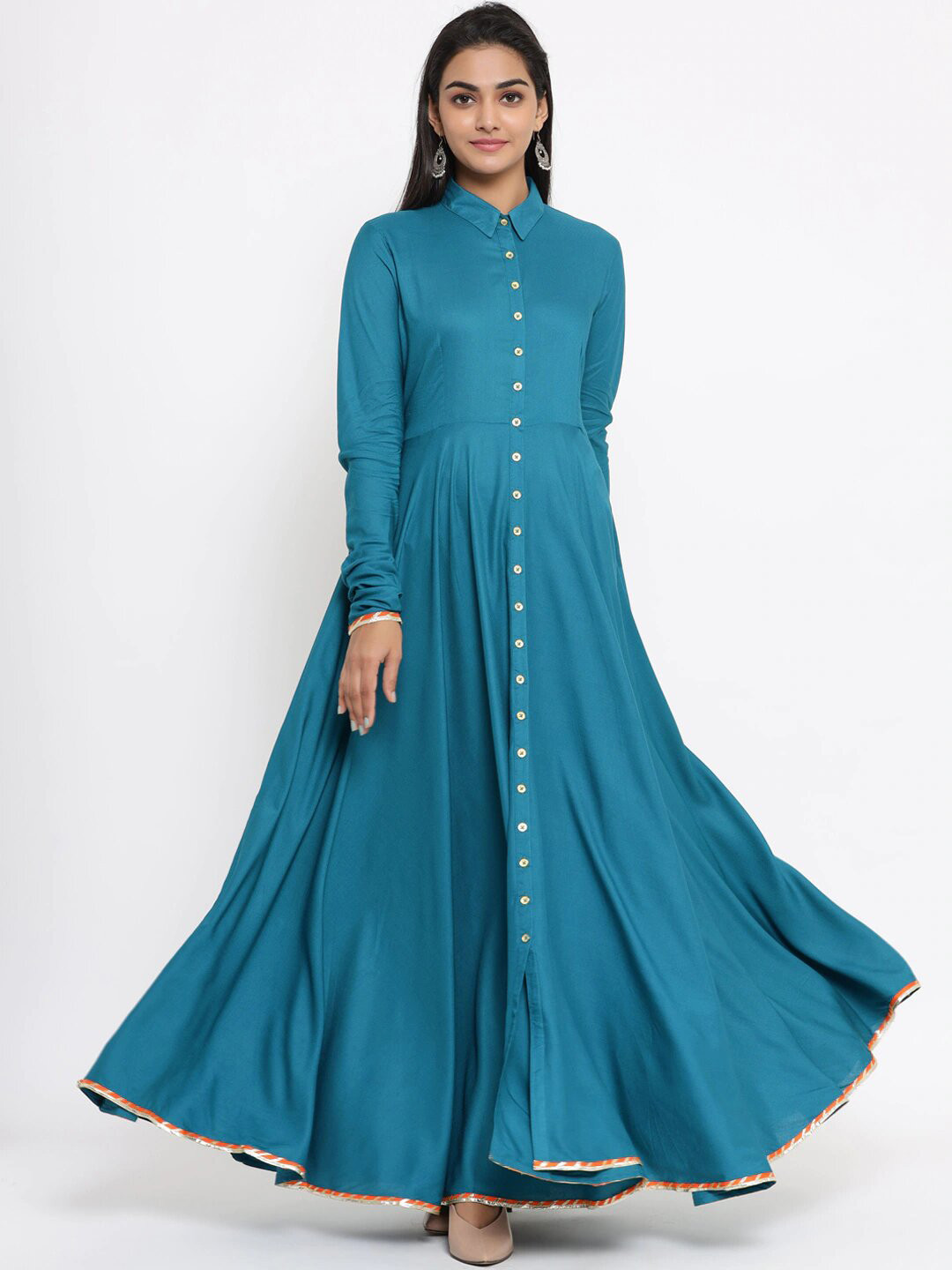 

fabGLOBAL Teal Shirt Collar Maxi Dress