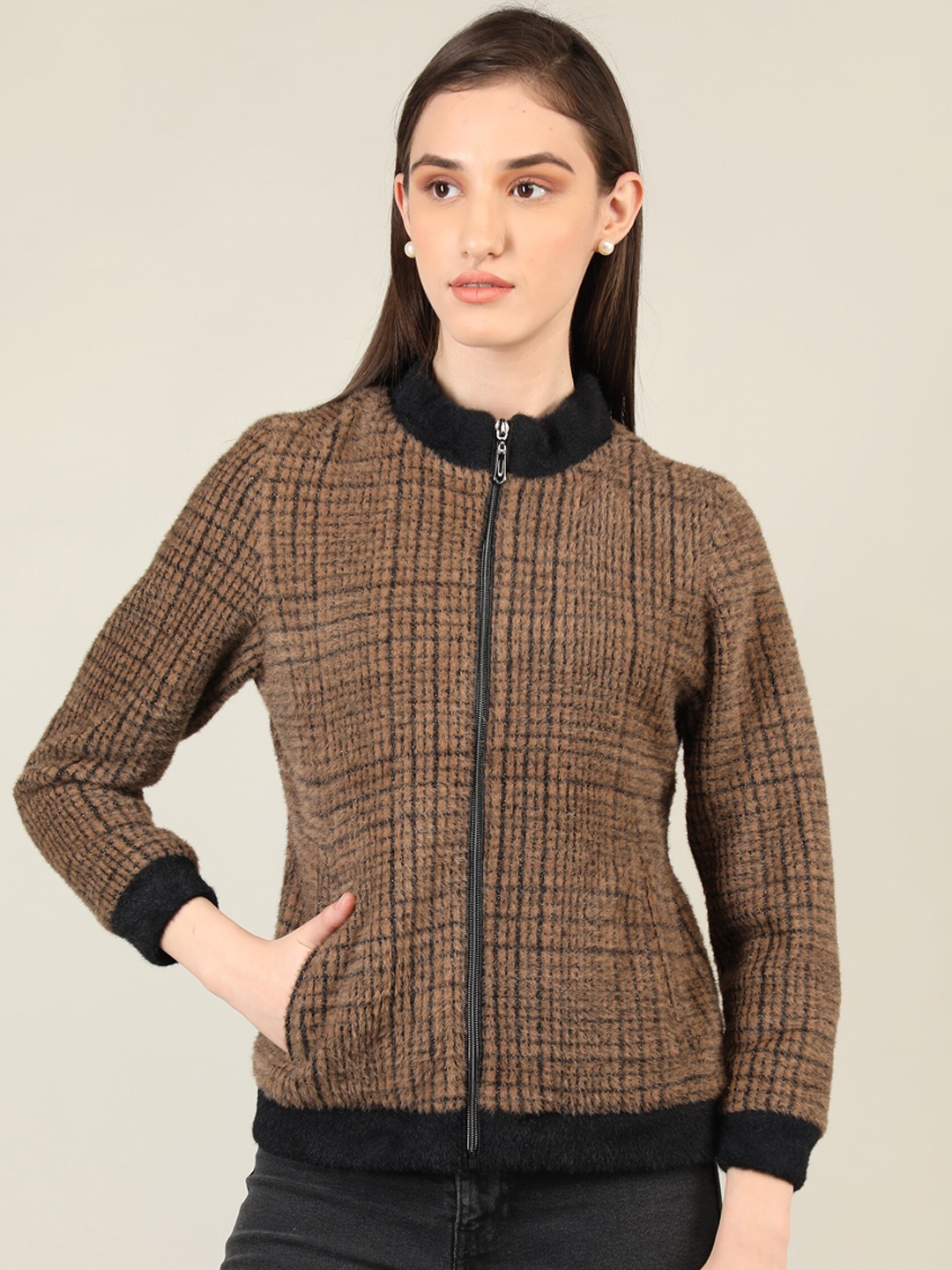 

LURE URBAN Women Brown Black Striped Tailored Jacket