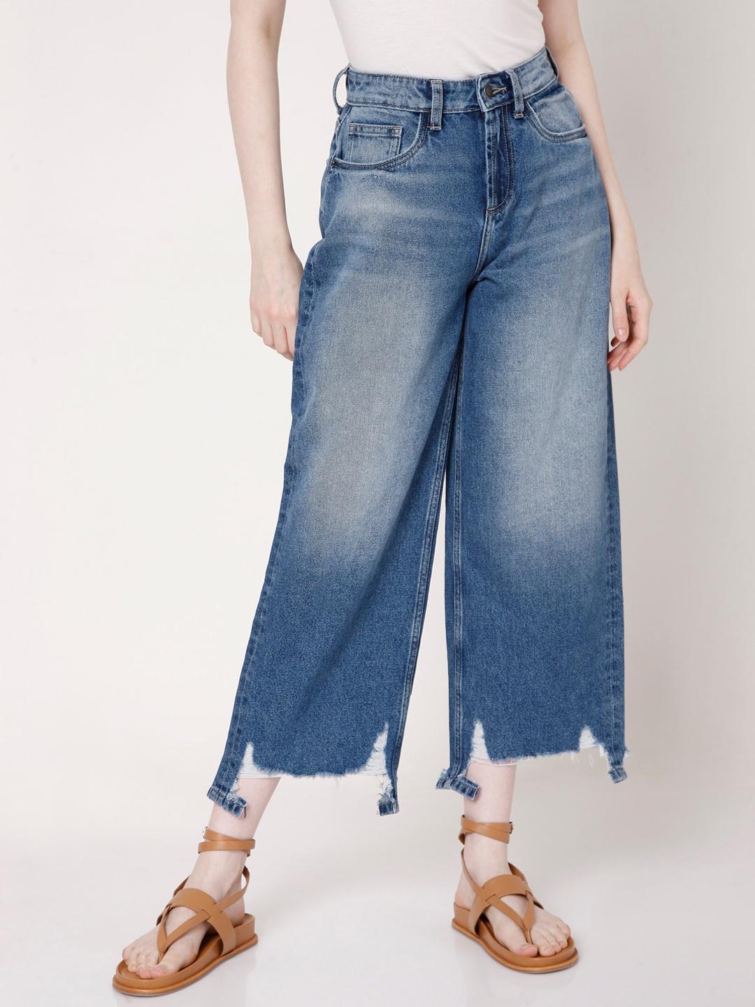 

Vero Moda Women Blue Wide Leg High-Rise Highly Distressed Stretchable Jeans