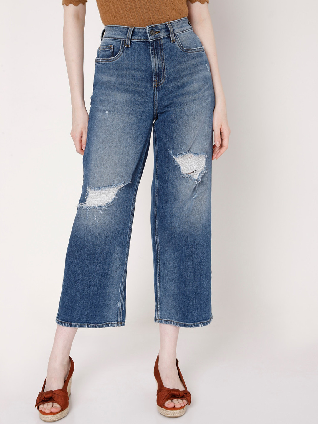 

Vero Moda Women Blue Wide Leg High-Rise Mildly Distressed Light Fade Stretchable Jeans