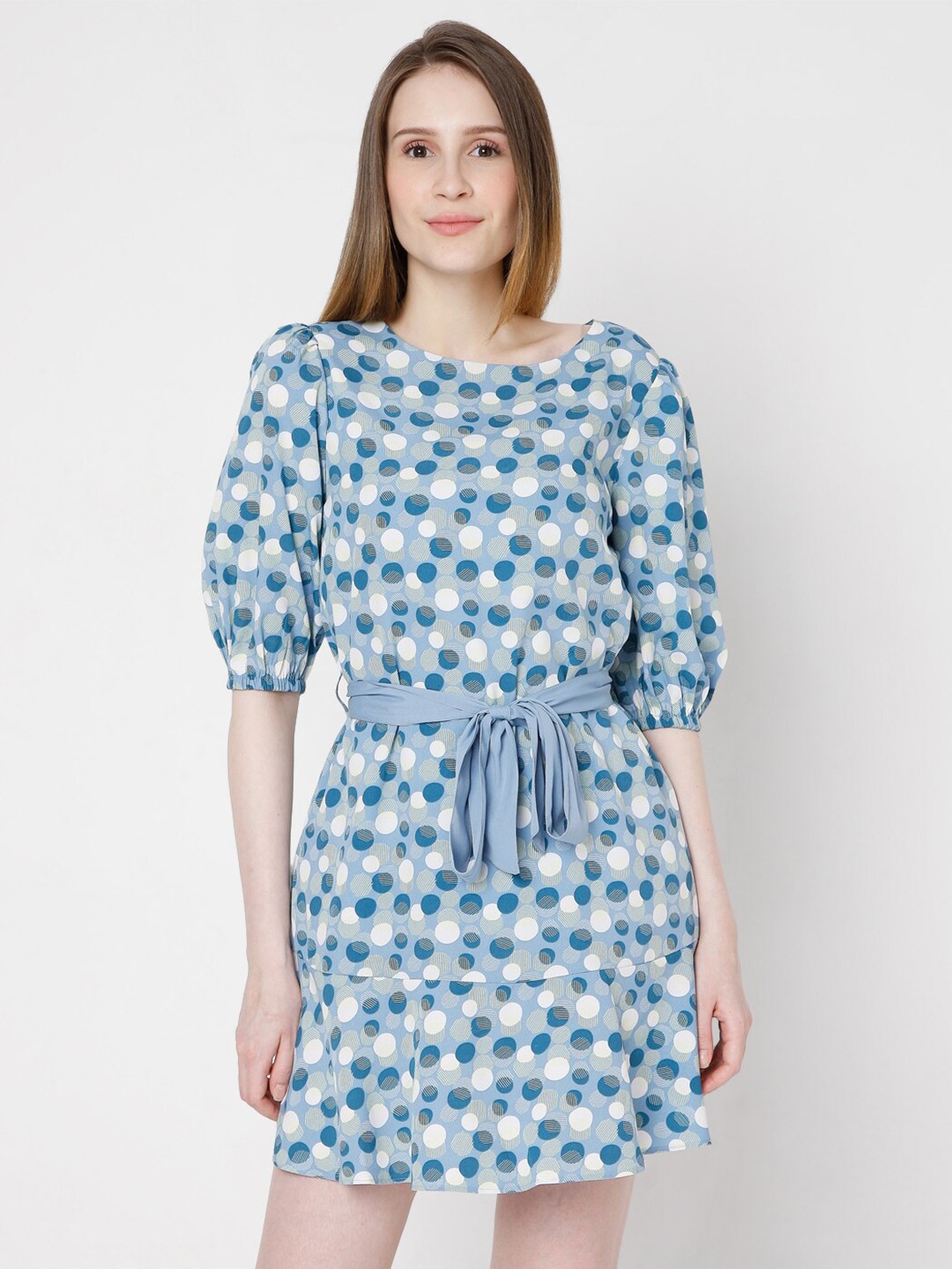 

Vero Moda Blue Geometric Printed Belted Mini Fit & Flare Dress