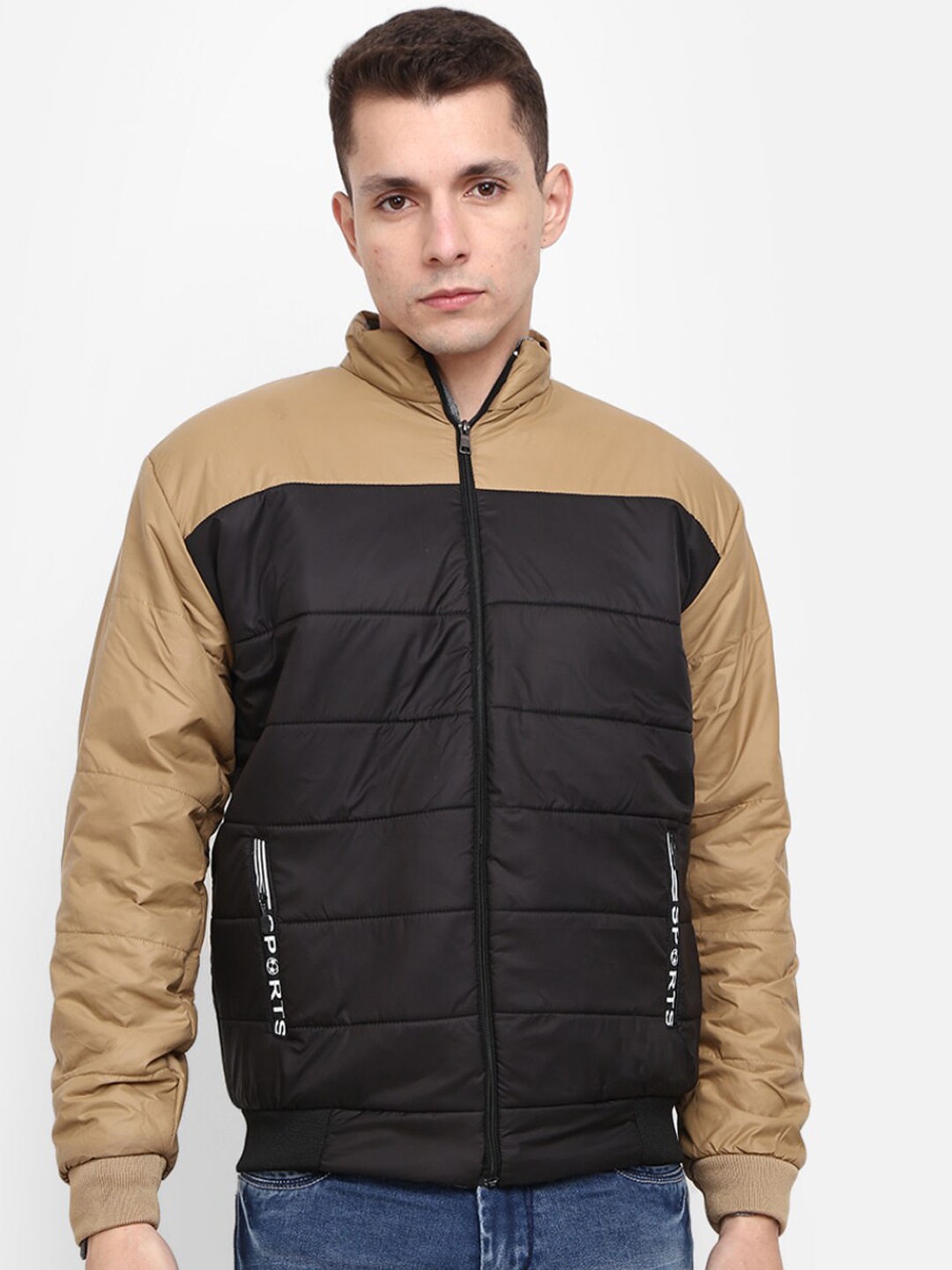 

V-Mart Men Beige Black Colourblocked Lightweight Bomber Jacket