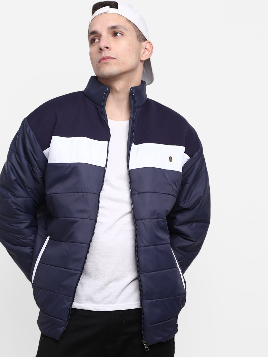 

V-Mart Men Navy Blue White Colourblocked Lightweight Puffer Jacket