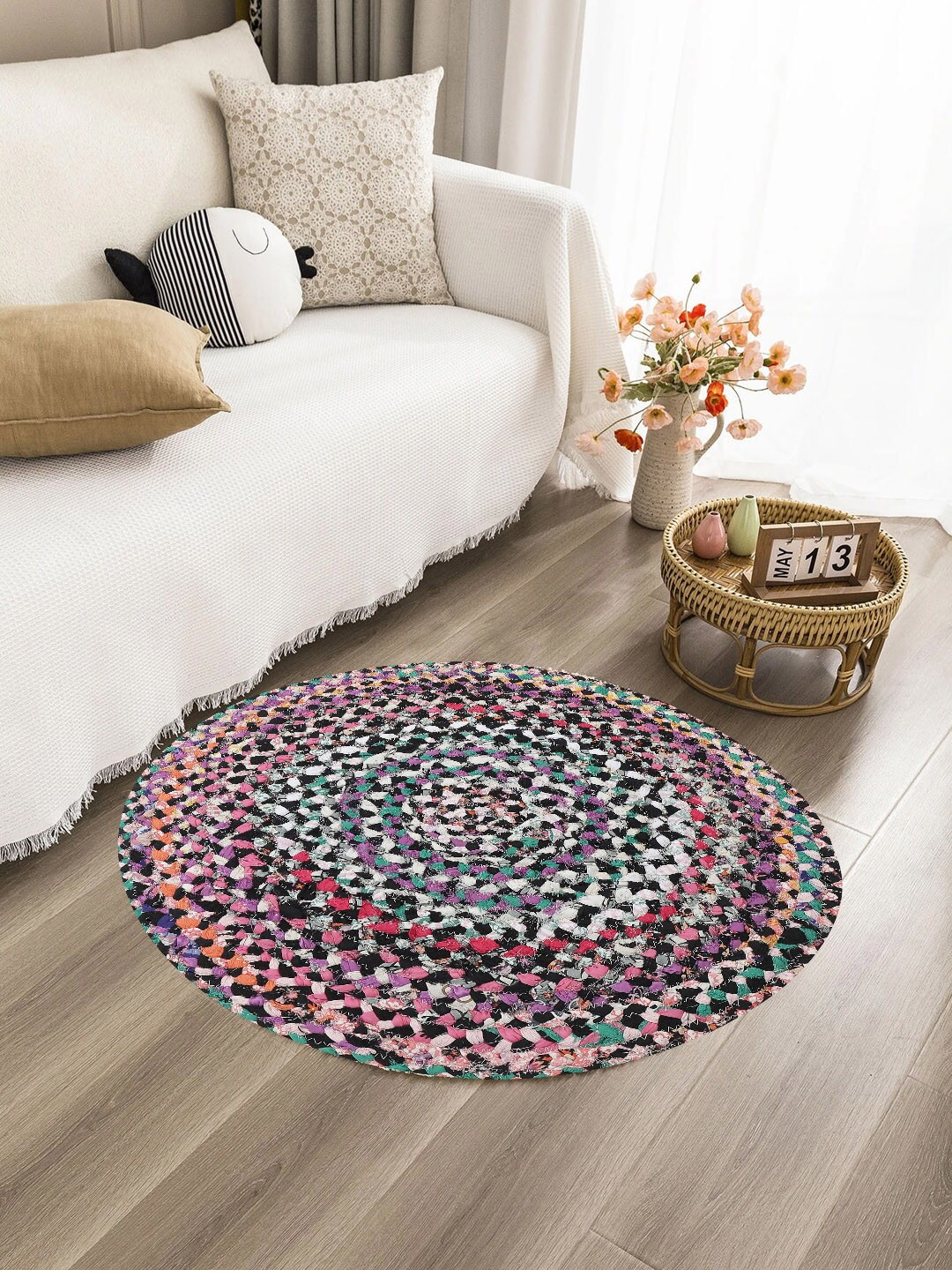 

Oxolloxo Young Pink & Black Striped Woven Design Round Cotton Floor Mats, Purple