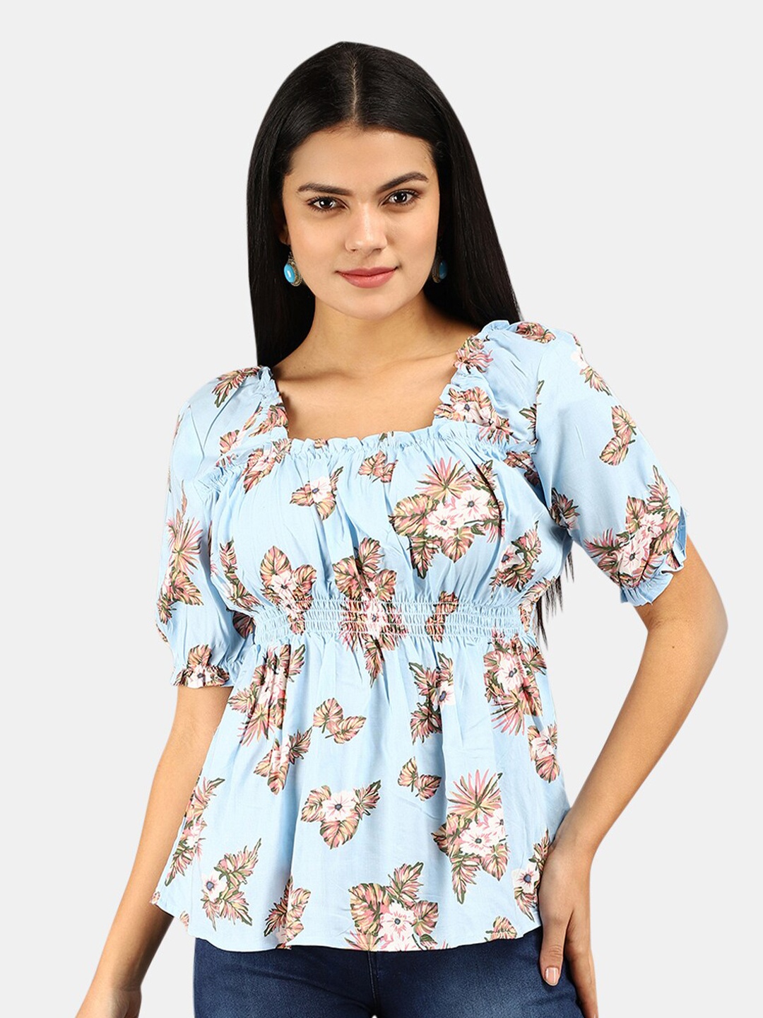 

V-Mart Blue & Brown Floral Print Chiffon Cinched Waist Top