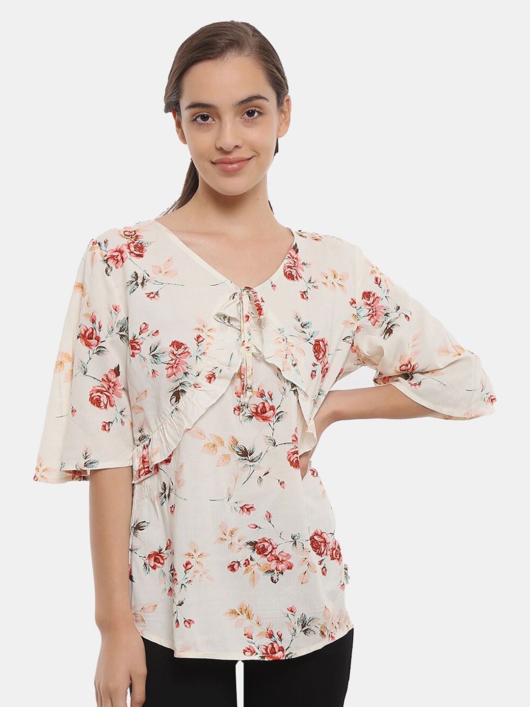 

V-Mart Off White & Red Floral Print Chiffon Top