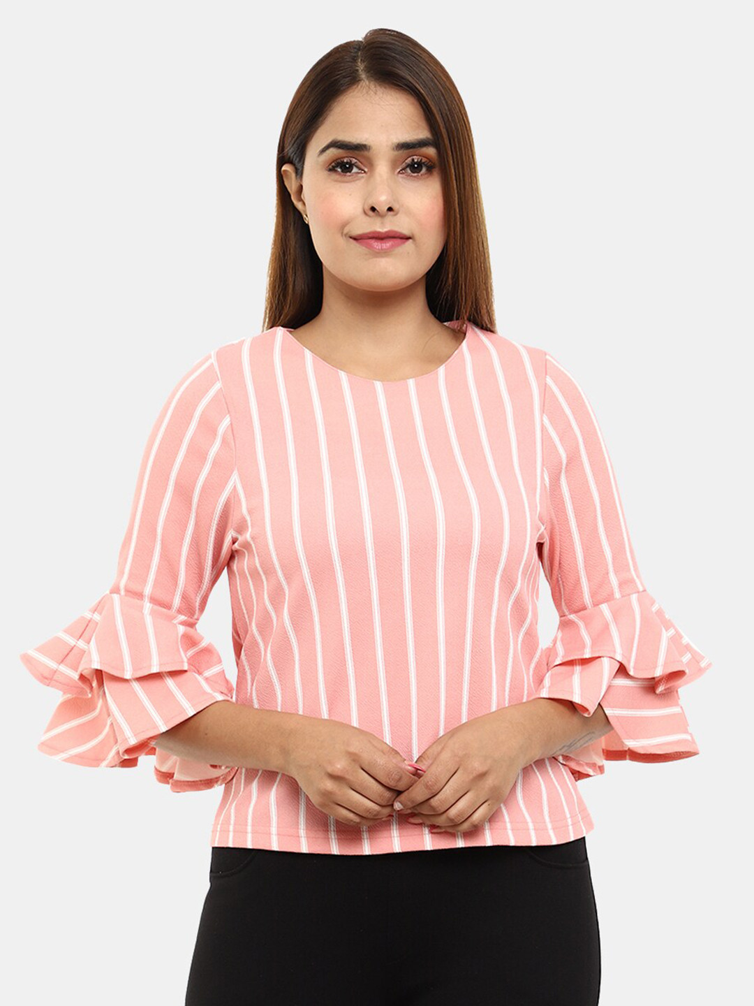 

V-Mart Peach-Coloured & White Striped Chiffon Top