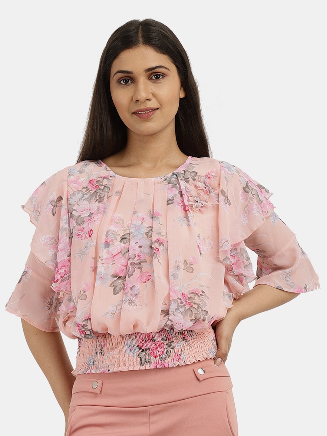 

V-Mart Peach-Coloured Pure Cotton Floral Print Blouson Top