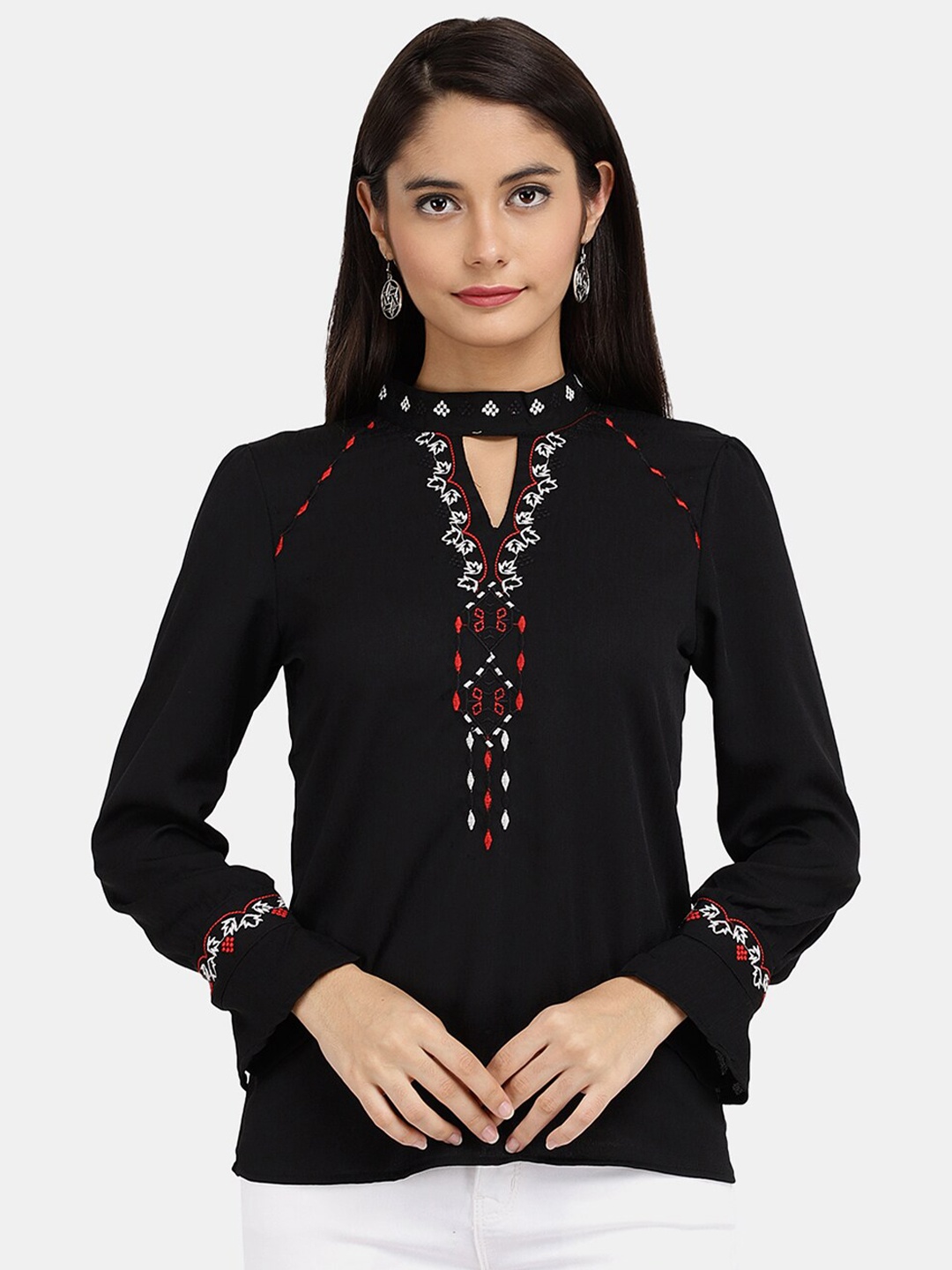 

V-Mart Black Pure Cotton Embroidered Keyhole Neck Top