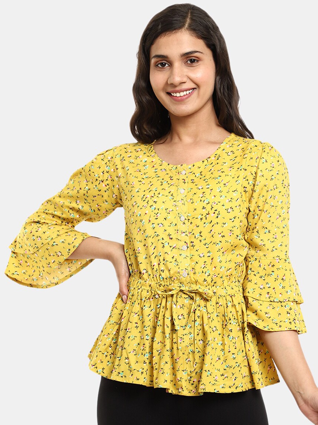 

V-Mart Yellow & Red Floral Print Chiffon Cinched Waist Top