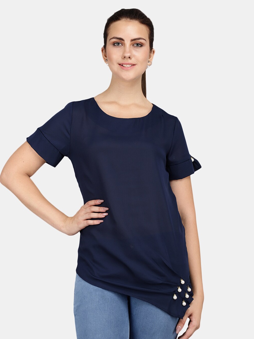 

V-Mart Pure Cotton Regular Beaded Top, Blue