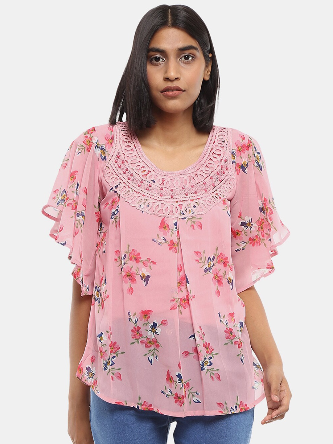 

V-Mart Pink & Red Floral Print Chiffon Longline Top