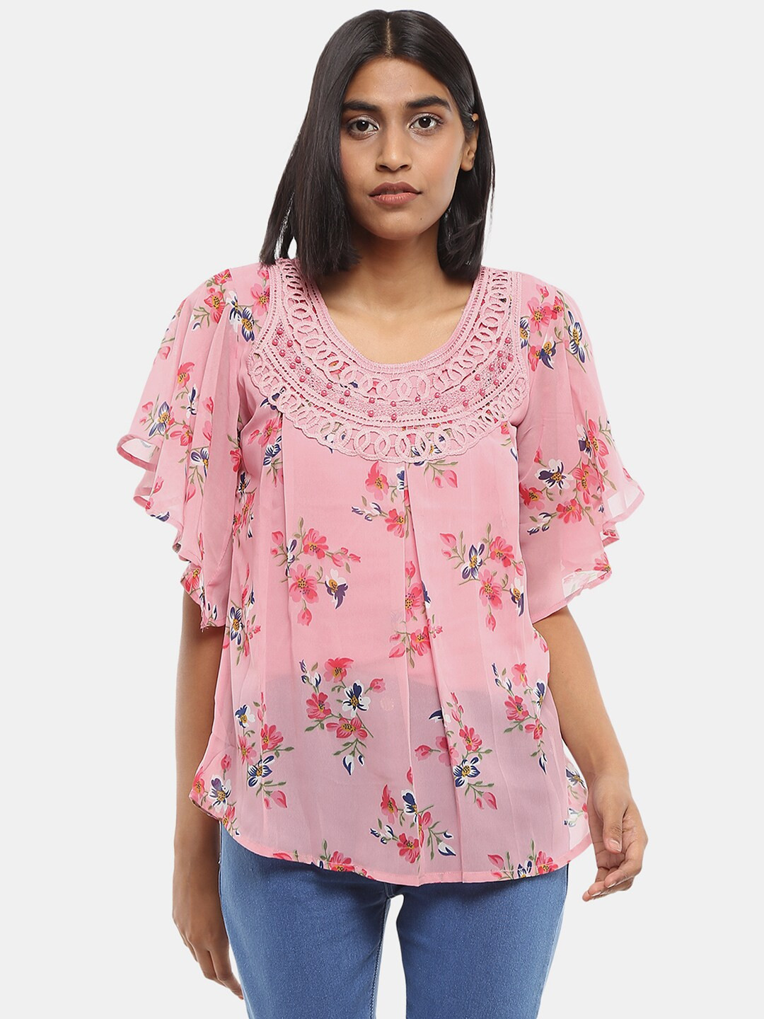 

V-Mart Pink & Green Pure Cotton Floral Print Longline Top