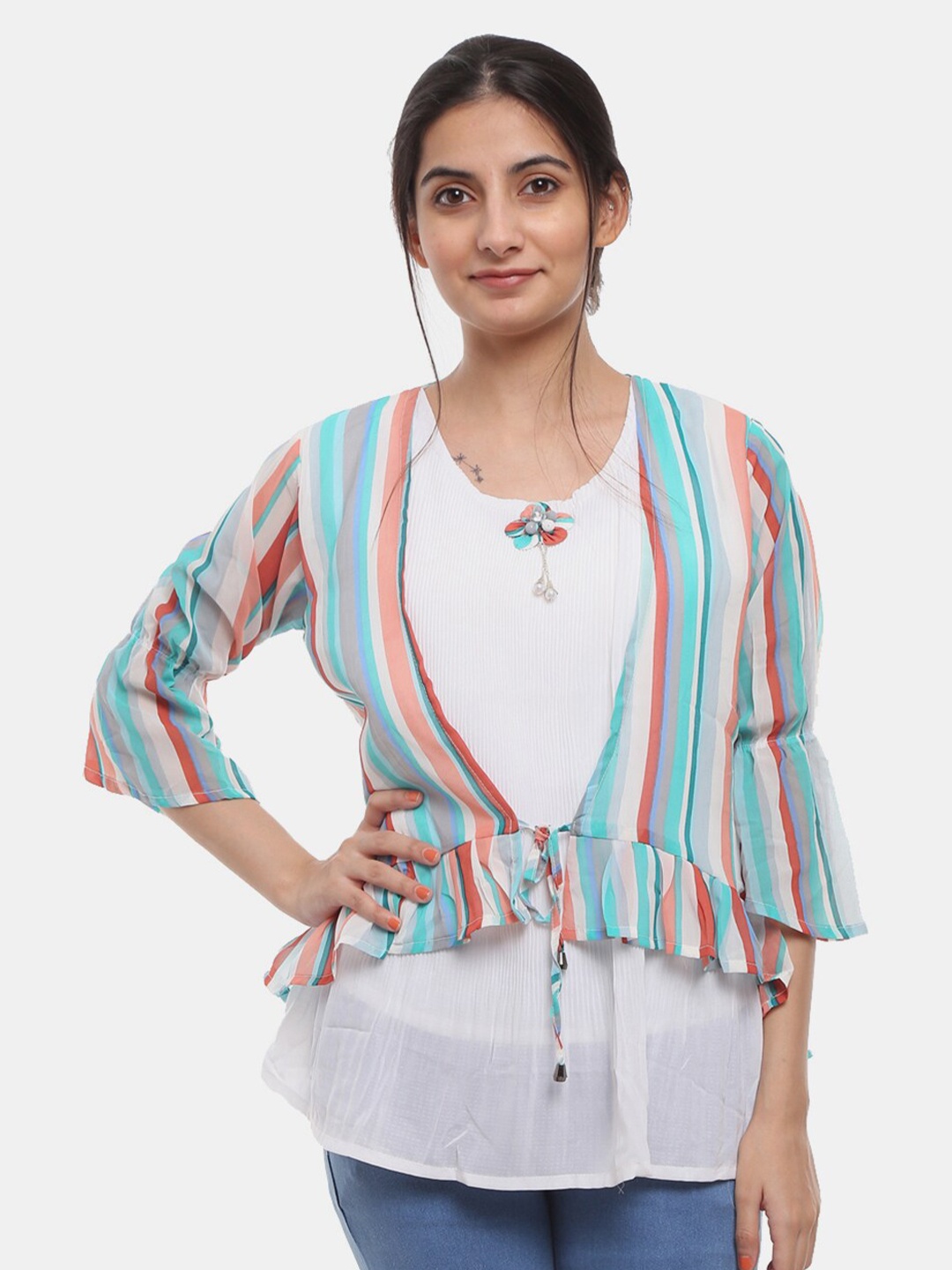

V-Mart Sea Green & Red Striped Georgette Cinched Waist Top
