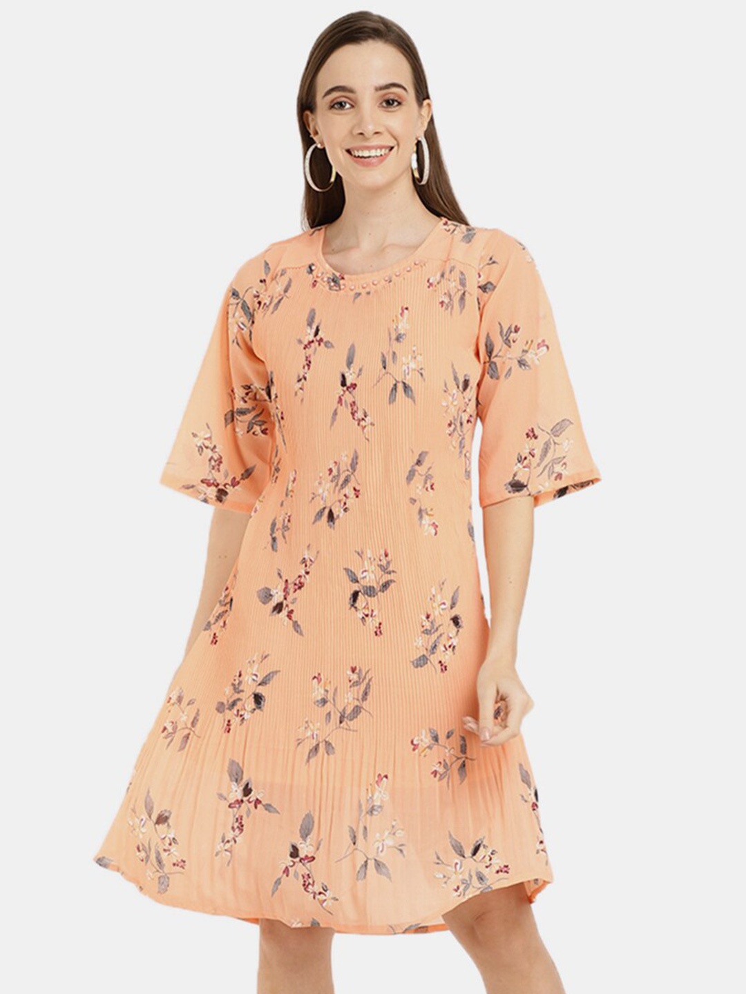 

V-Mart Peach-Coloured Pure Cotton Floral Print Longline Top