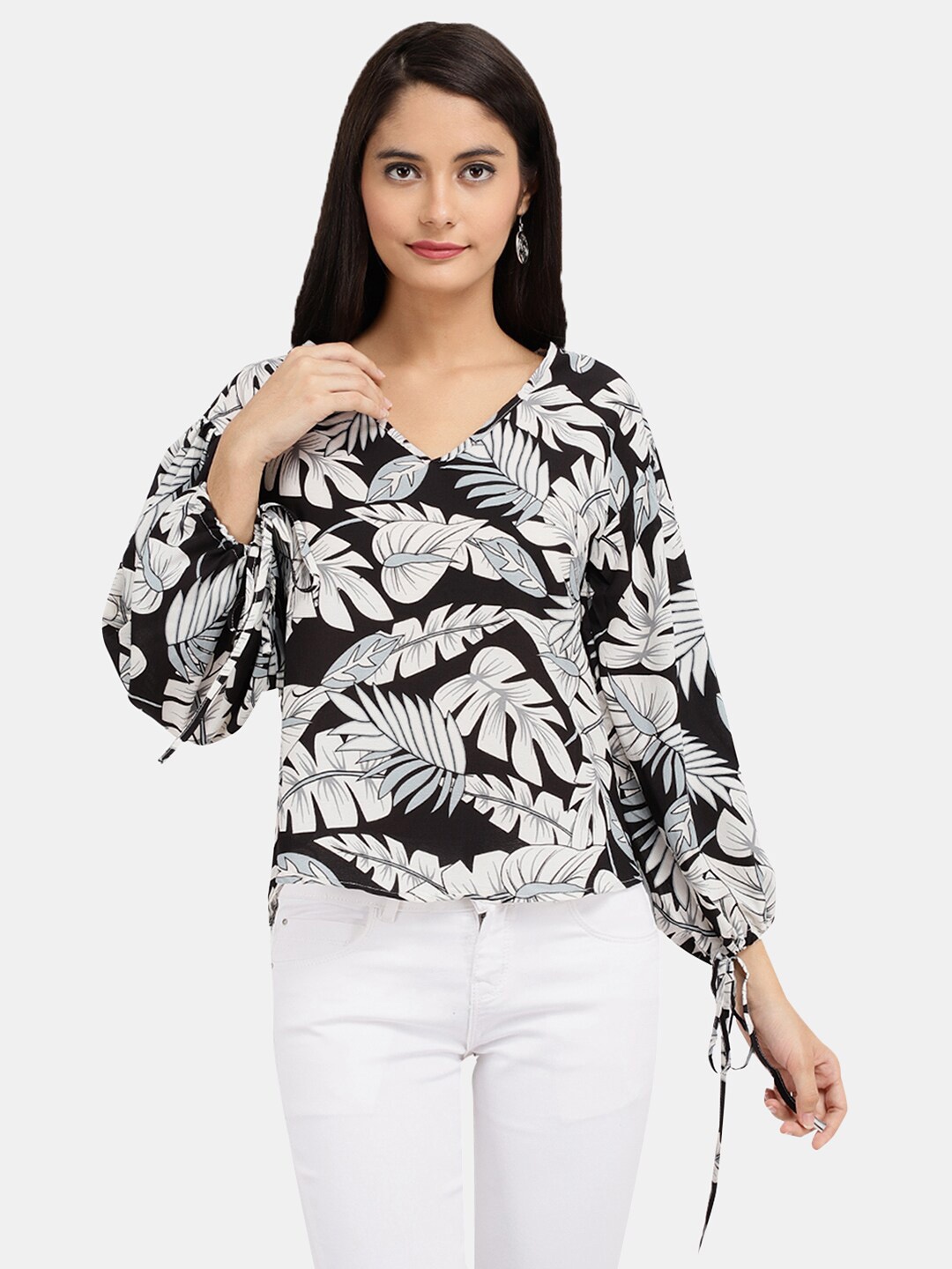 

V-Mart Black & White Pure Cotton Floral Print Top