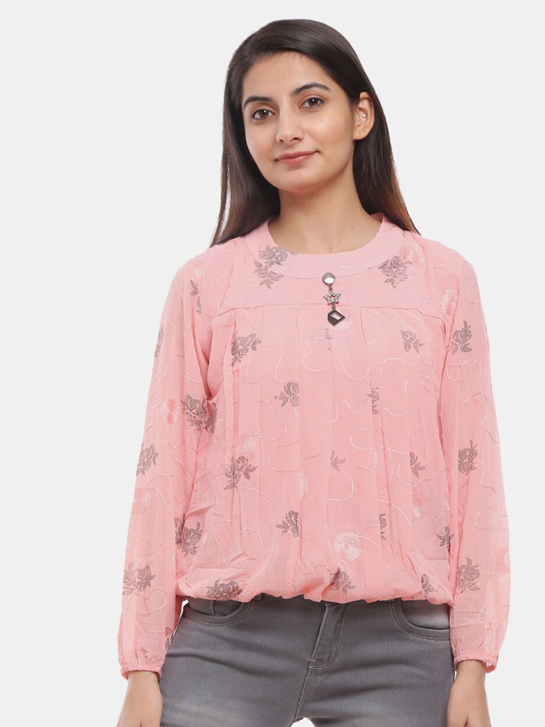 

V-Mart Peach-Coloured Pure Cotton Floral Print Blouson Top