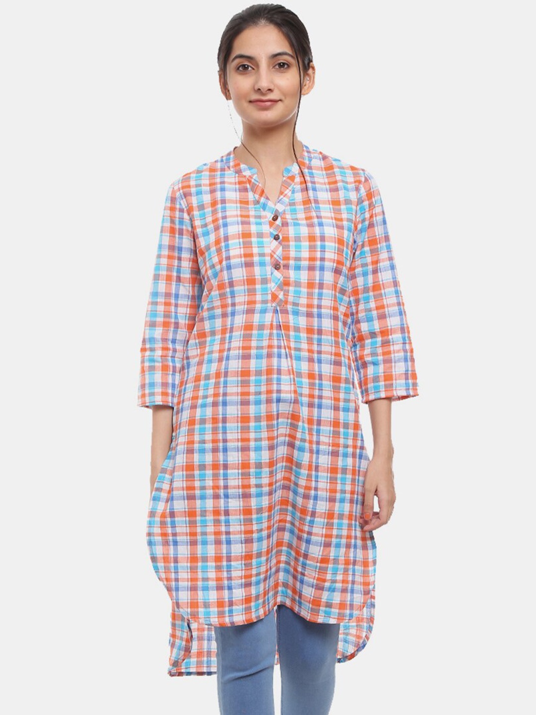 

V-Mart Blue & Orange Pure Cotton Checked Shirt Style Longline Top