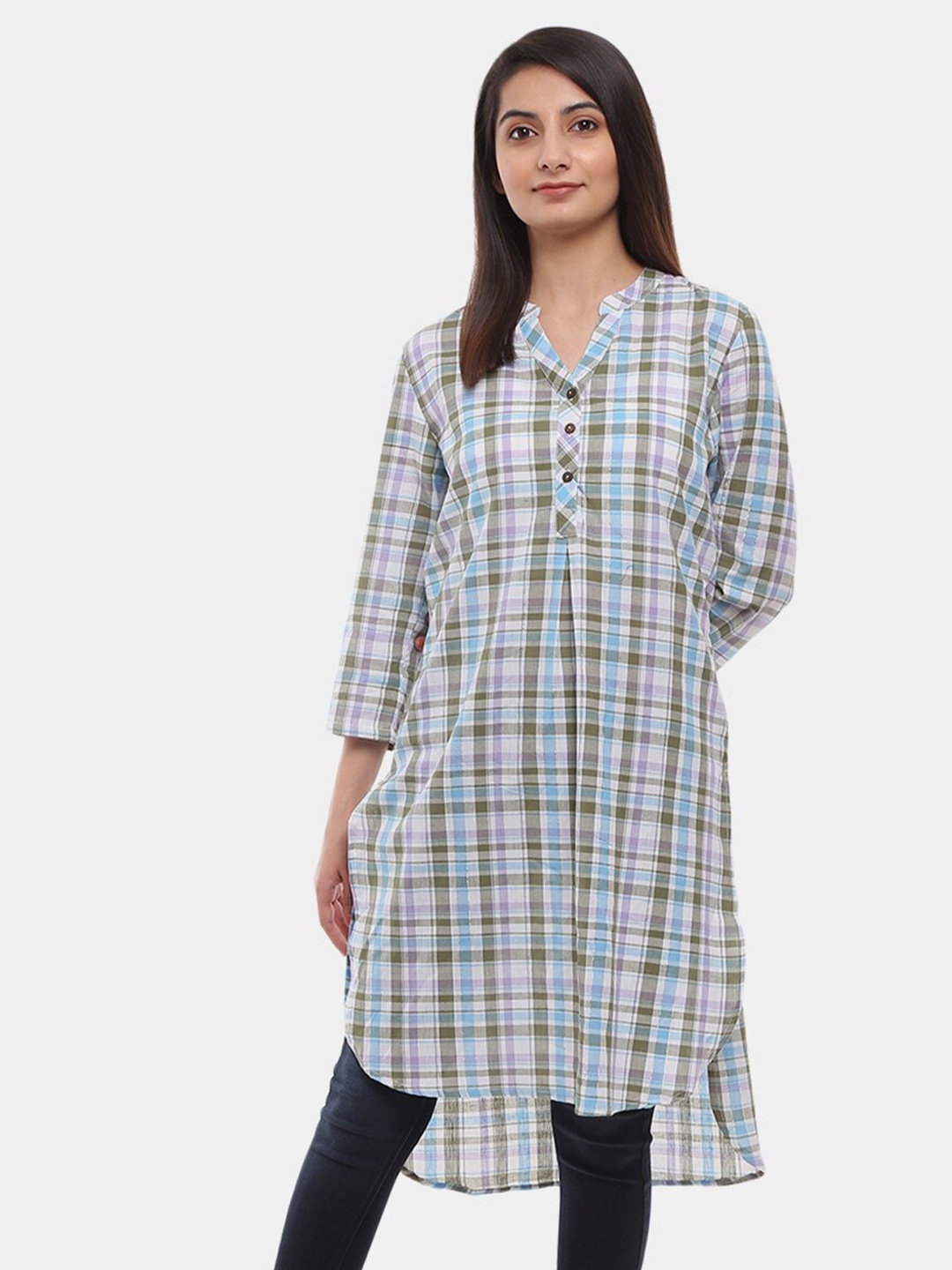 

V-Mart Green & Blue Pure Cotton Checked Mandarin Collar Shirt Style Longline Top