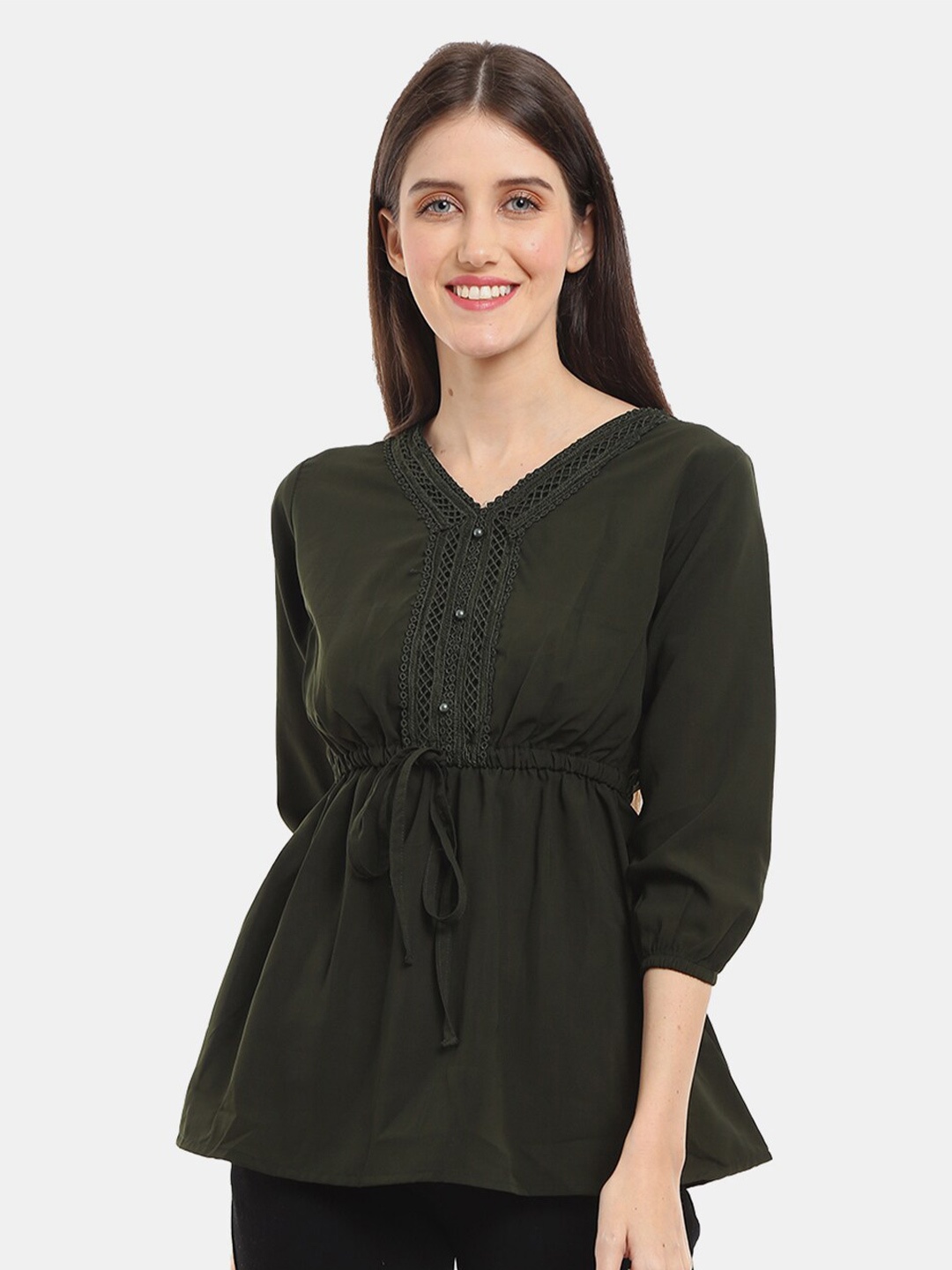

V-Mart Olive Green Georgette Cinched Waist Top