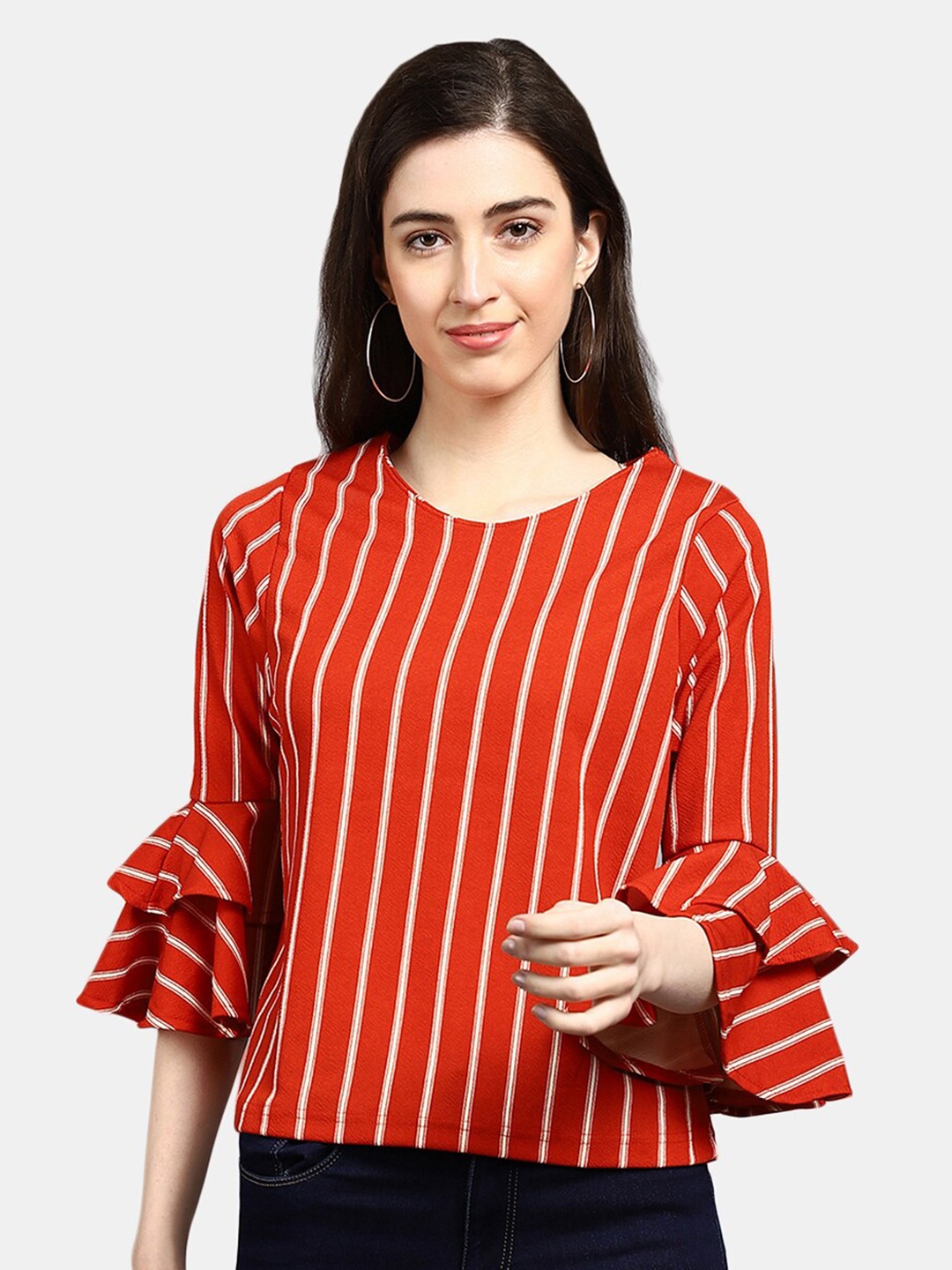 

V-Mart Rust & White Pure Cotton Striped Top