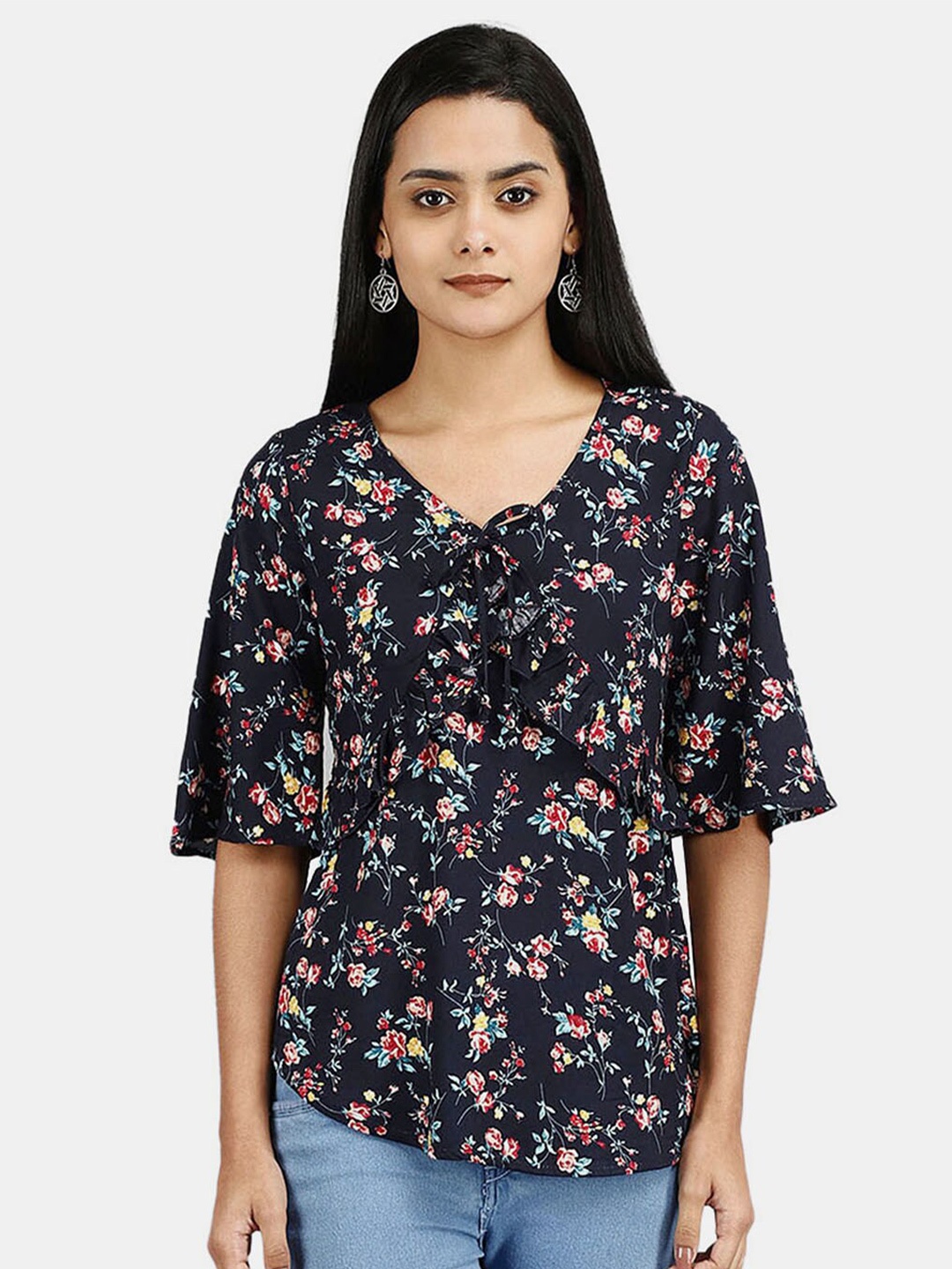 

V-Mart Navy Blue Floral Print Chiffon Top