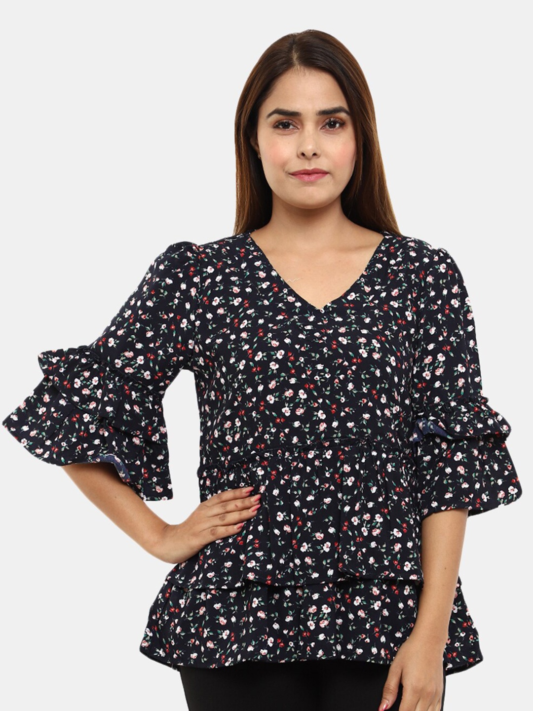 

V-Mart Navy Blue Pure Cotton Floral Print Wrap Top