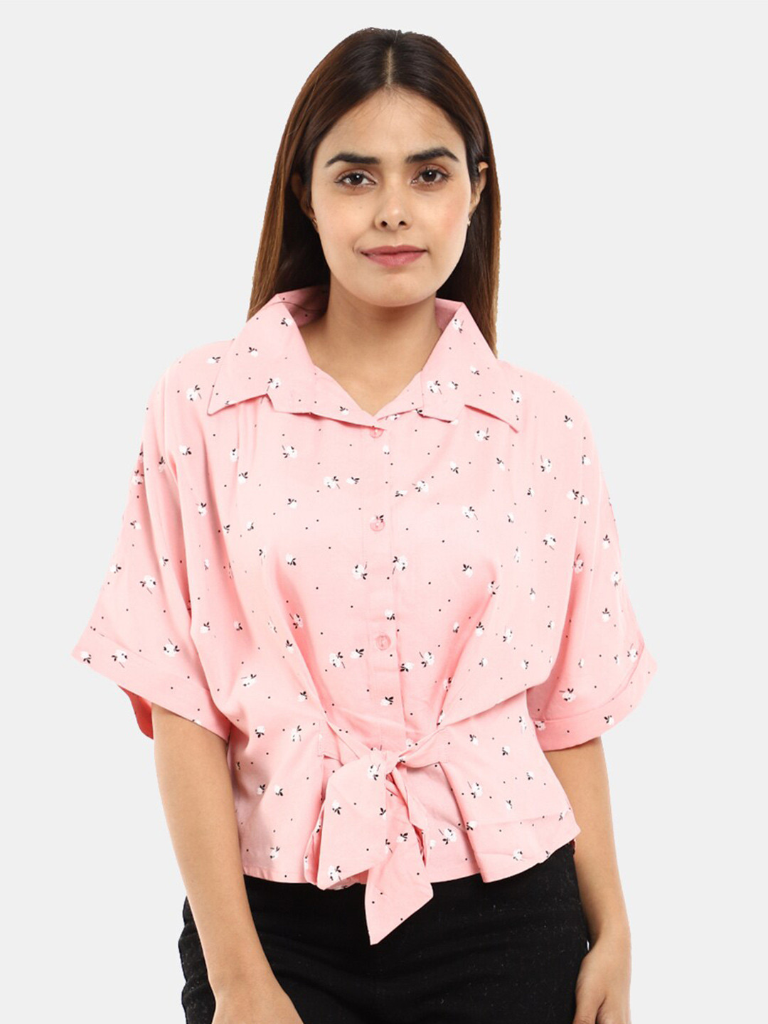 

V-Mart Pink & Black Print Extended Sleeves Chiffon Shirt Style Top