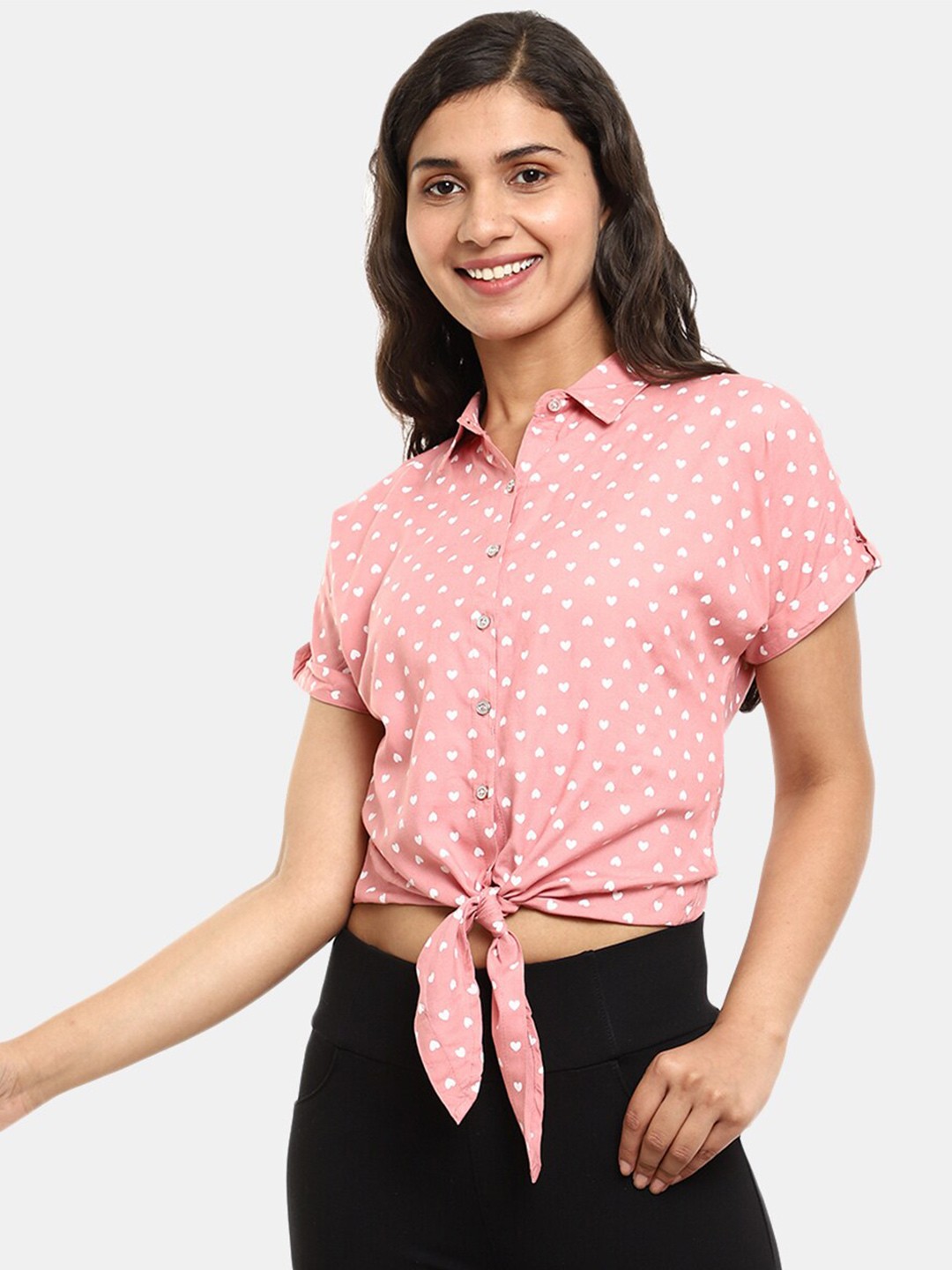 

V-Mart Pink Print Chiffon Shirt Style Crop Top