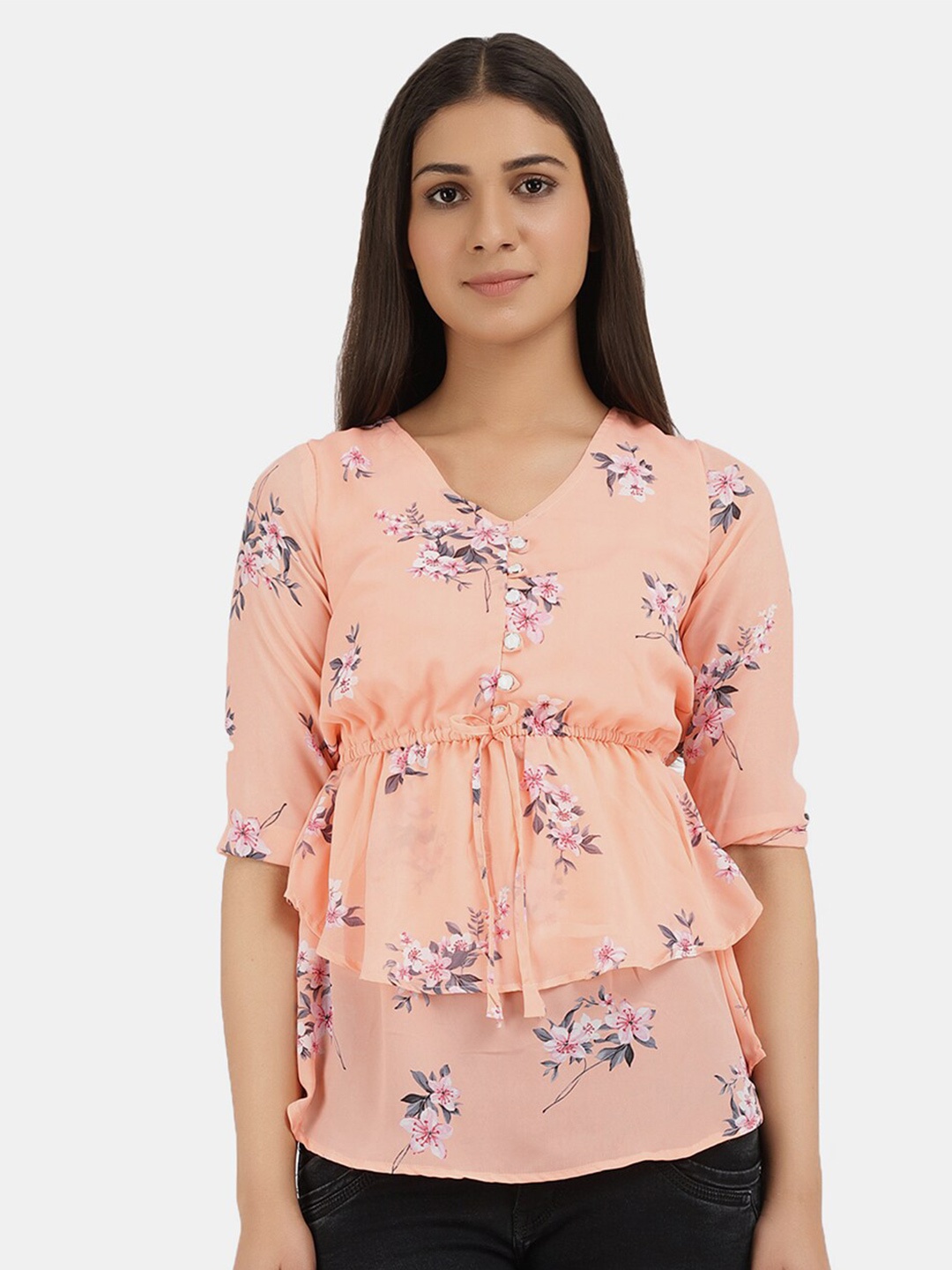 

V-Mart Peach-Coloured & Grey Pure Cotton Floral Print Tiered Top